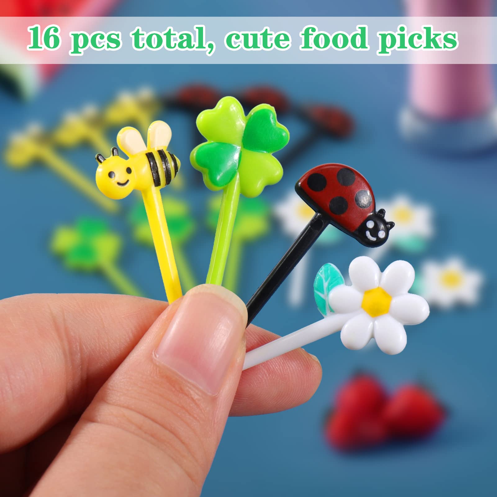 Aiersa Food Picks For Kids Bento Box, 16Pcs Reusable Bees, Daisy, Four Leaf Clover, Ladybug Food Fruit Picks, Lunch Bento Box Ac