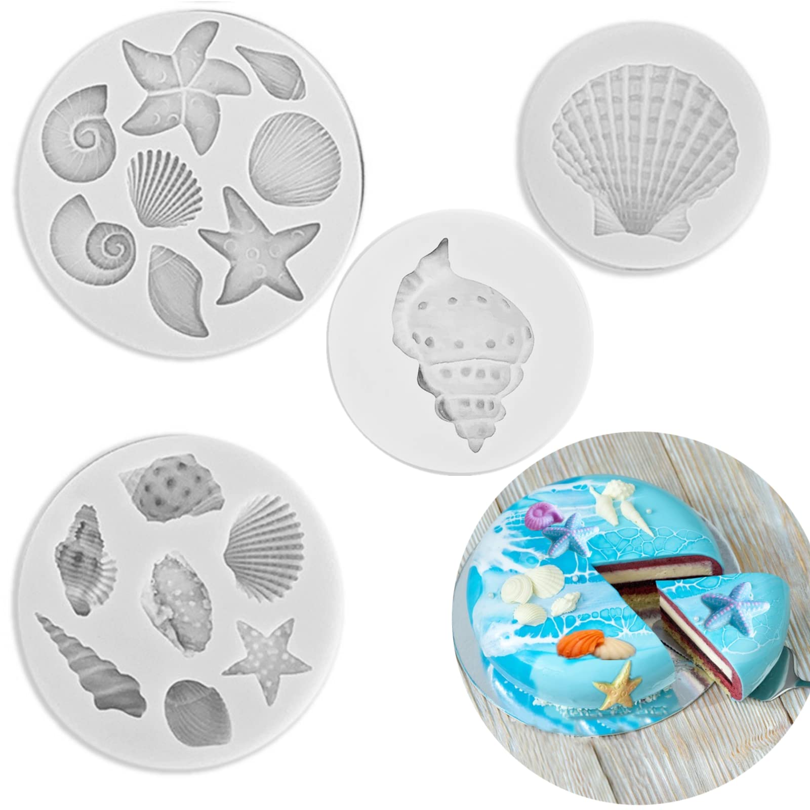 4 Pcs Marine Fondant Silicone Molds,Starfish,Conch,Seashells Silicone Cake Fondant Molds,Chocolate Candy Baking Tool,For Cookie