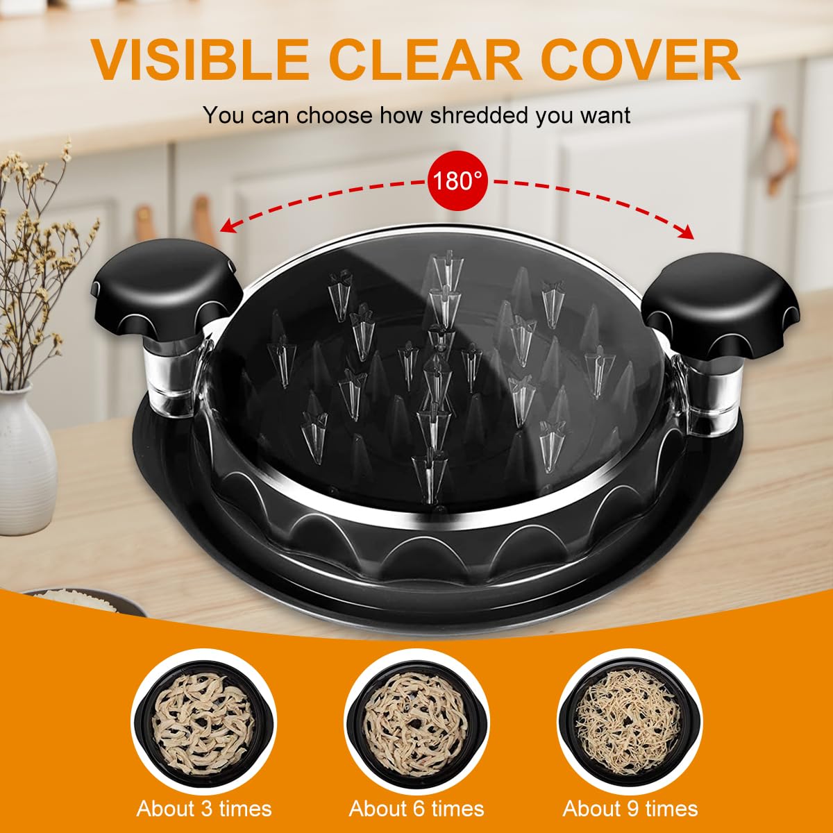Vitoler Chicken Shredder Tool, 10.8" Ergonomic Black Meat Grinder with Transparent Lid, Model VITO887-BUS