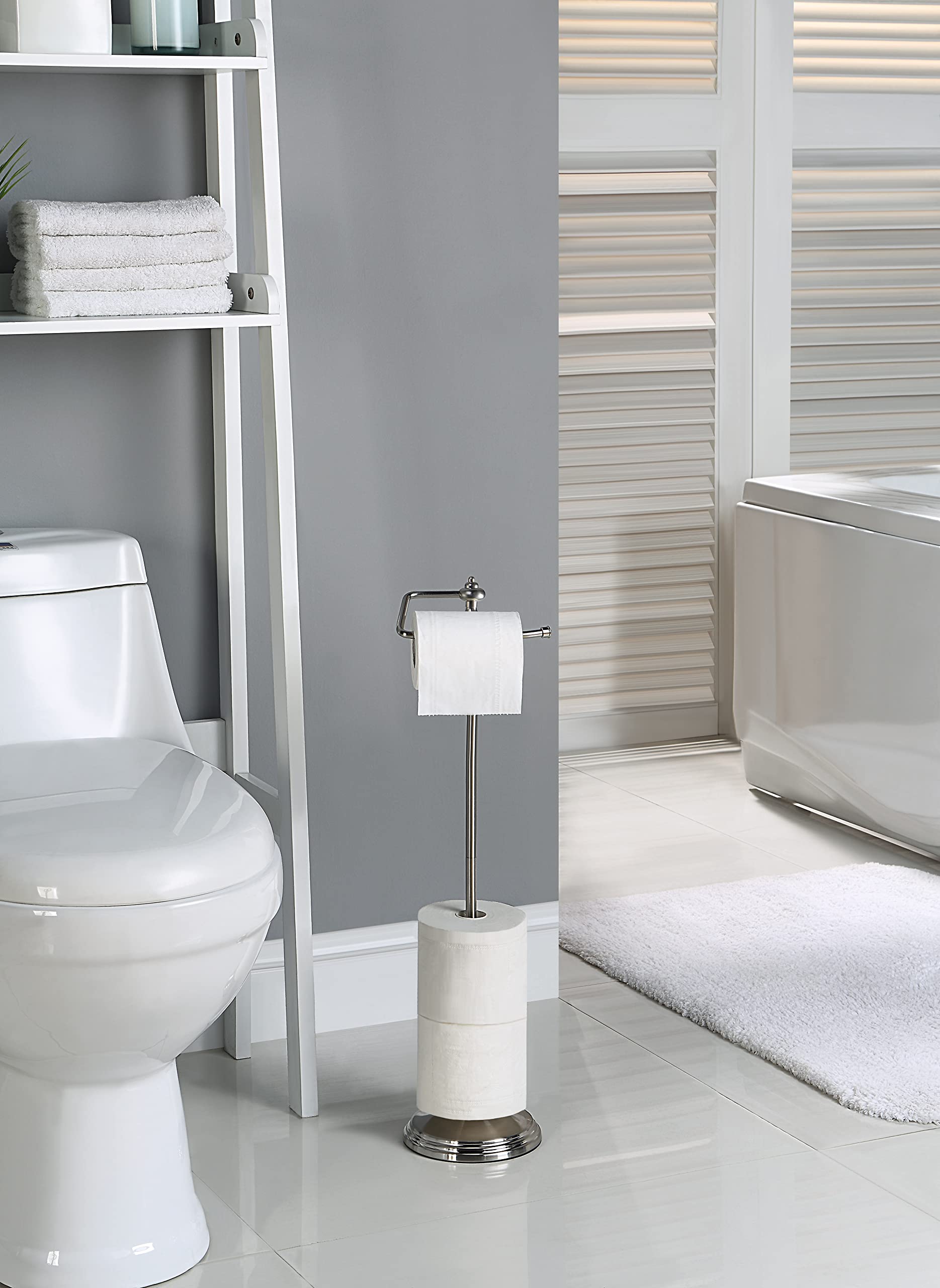 SunnyPoint Bathroom Free Standing Toilet Tissue Paper Roll Holder Stand with Reserve Function  Satin Nickel