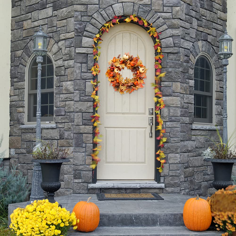 Ochine 20 Inch Fall Wreath, Thanksgiving & Halloween Decoration, Artificial Farmhouse Wreath with Pumpkins, Berry, Maple Leaf, P