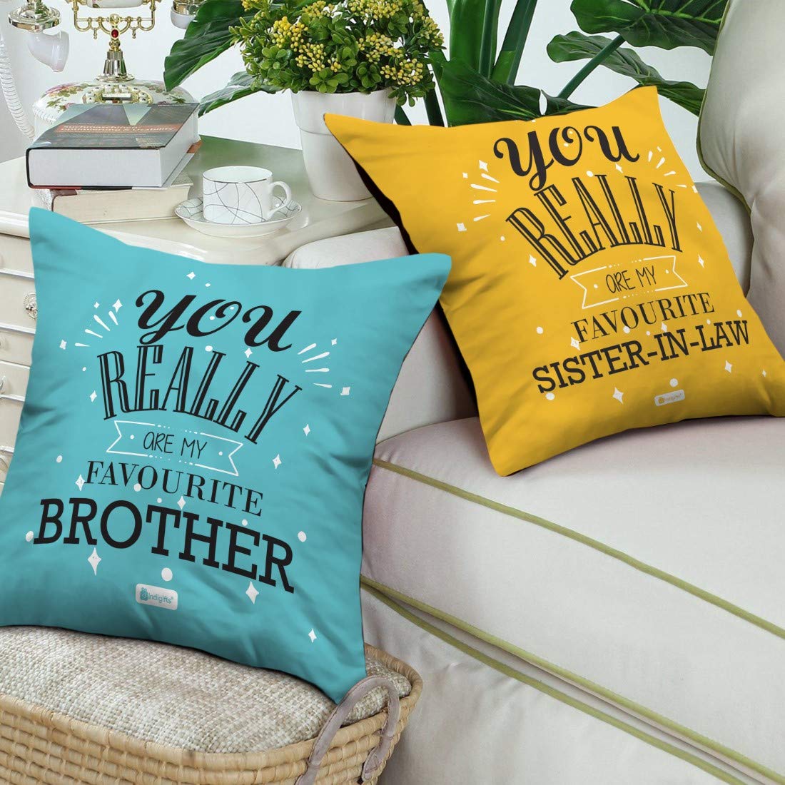 Indigifts Satin Favourite Brother and Sister in Law Printed Cushion Cover with Filler, Rudraksha and Lumba Rakhi Set for Bhaiya