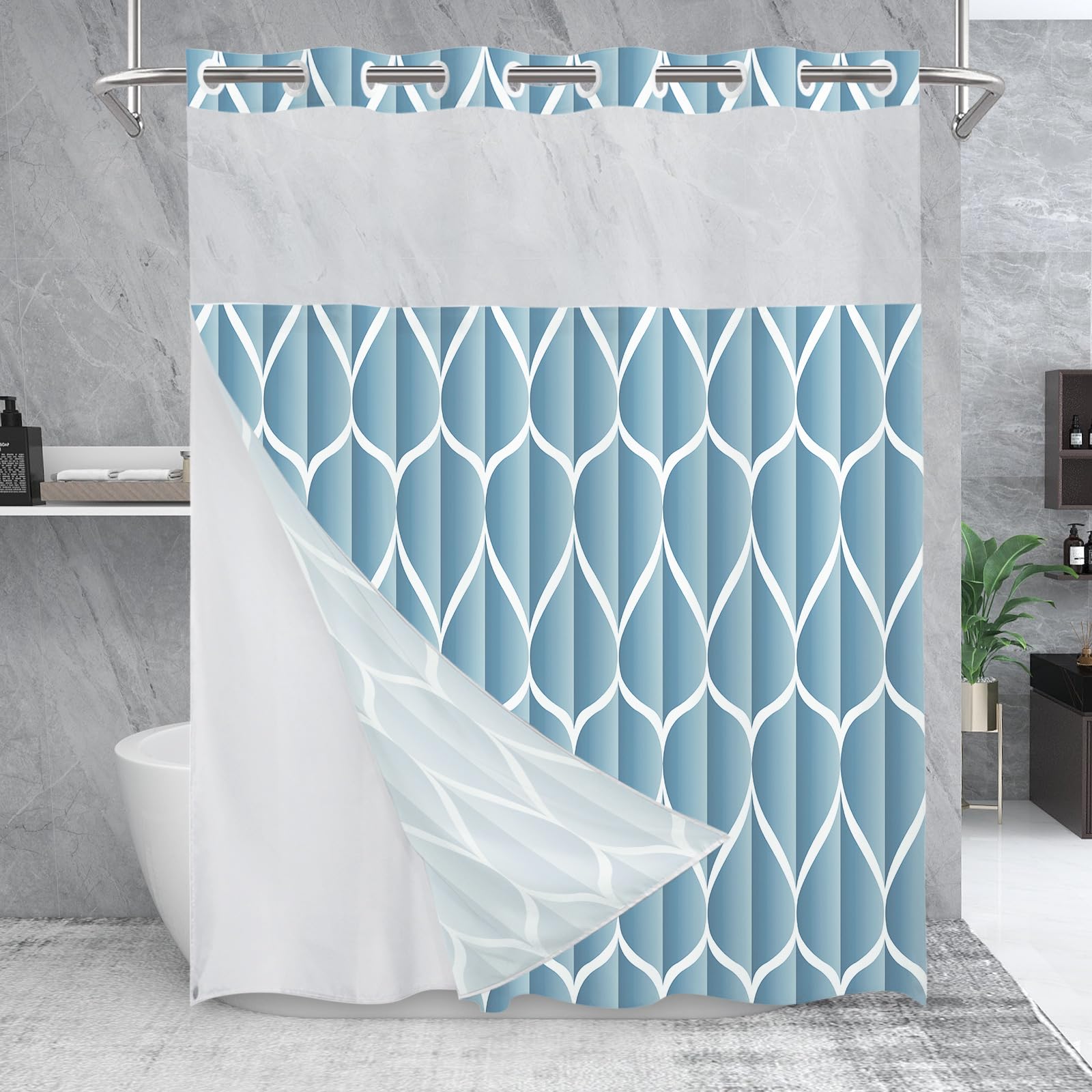 Yiatn No Hook Moonlight Blue Shower Curtain With Snap In Fabric Liner Set - Hotel Style With See Through Mesh Top Window, Modern