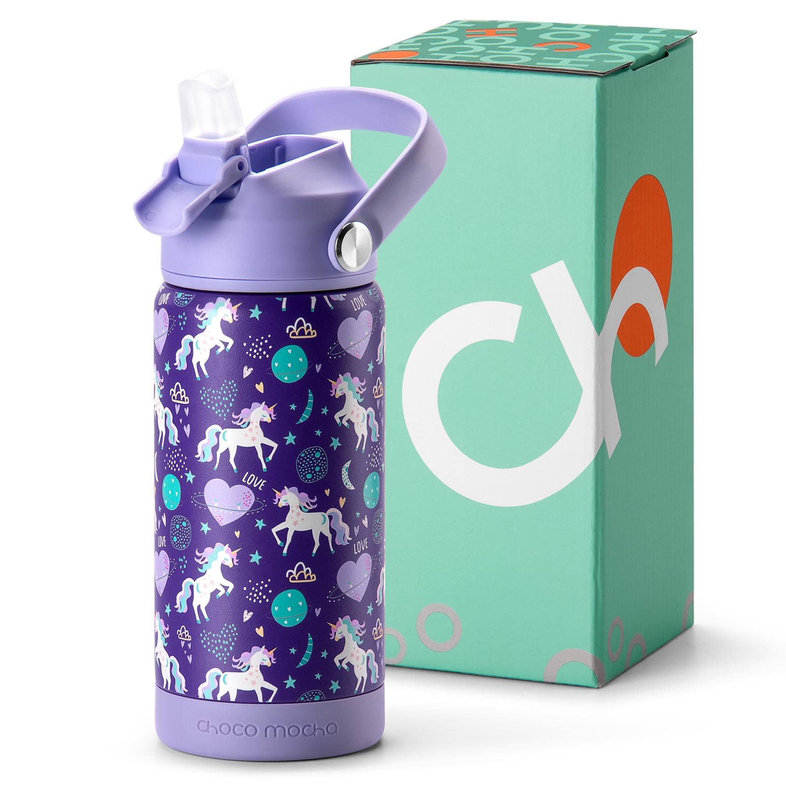 Choco Mocha Kids Water Bottle For School, Kids Insulated Water Bottle Stainless Steel for Girls,14Oz Purple Unicorn