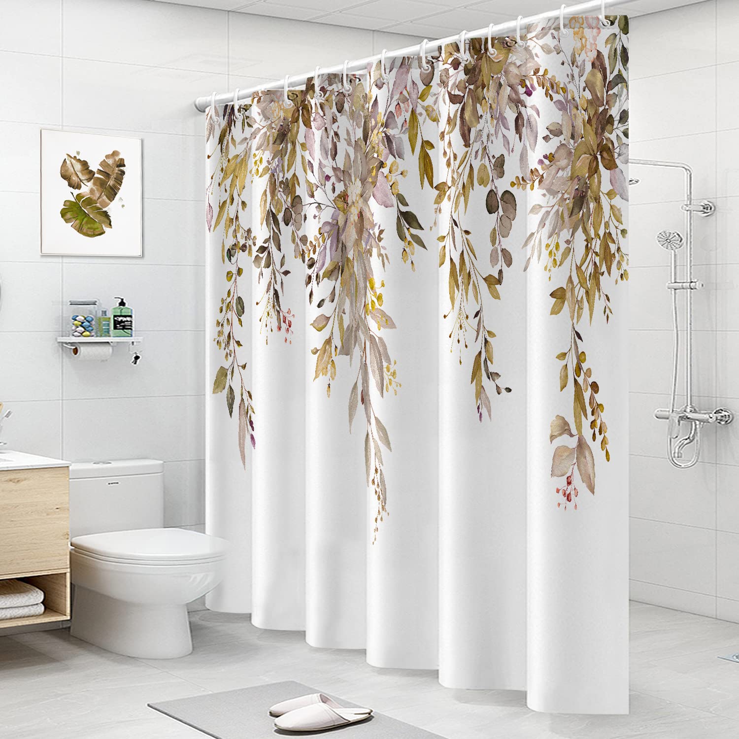 Nuseiis Brown Long Eucalyptus Shower Curtain 72x78 Inch  Watercolor Botanical Leaves Fabric Bathroom Curtain