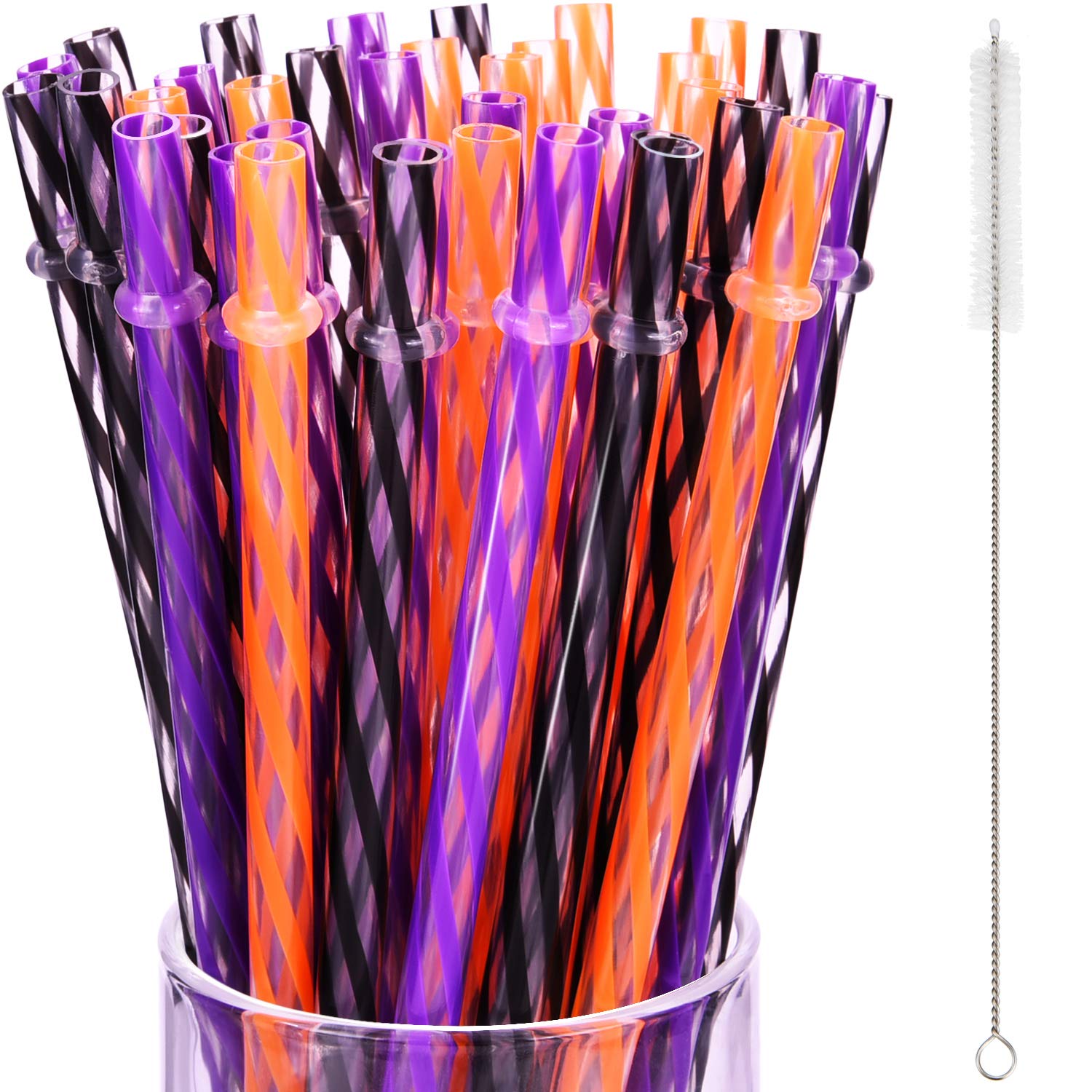 Jovitec 60 Pieces Halloween Straws Plastic Reusable Straw With Straw Cleaning Brush For Halloween Party Family Supply, 9 Inches