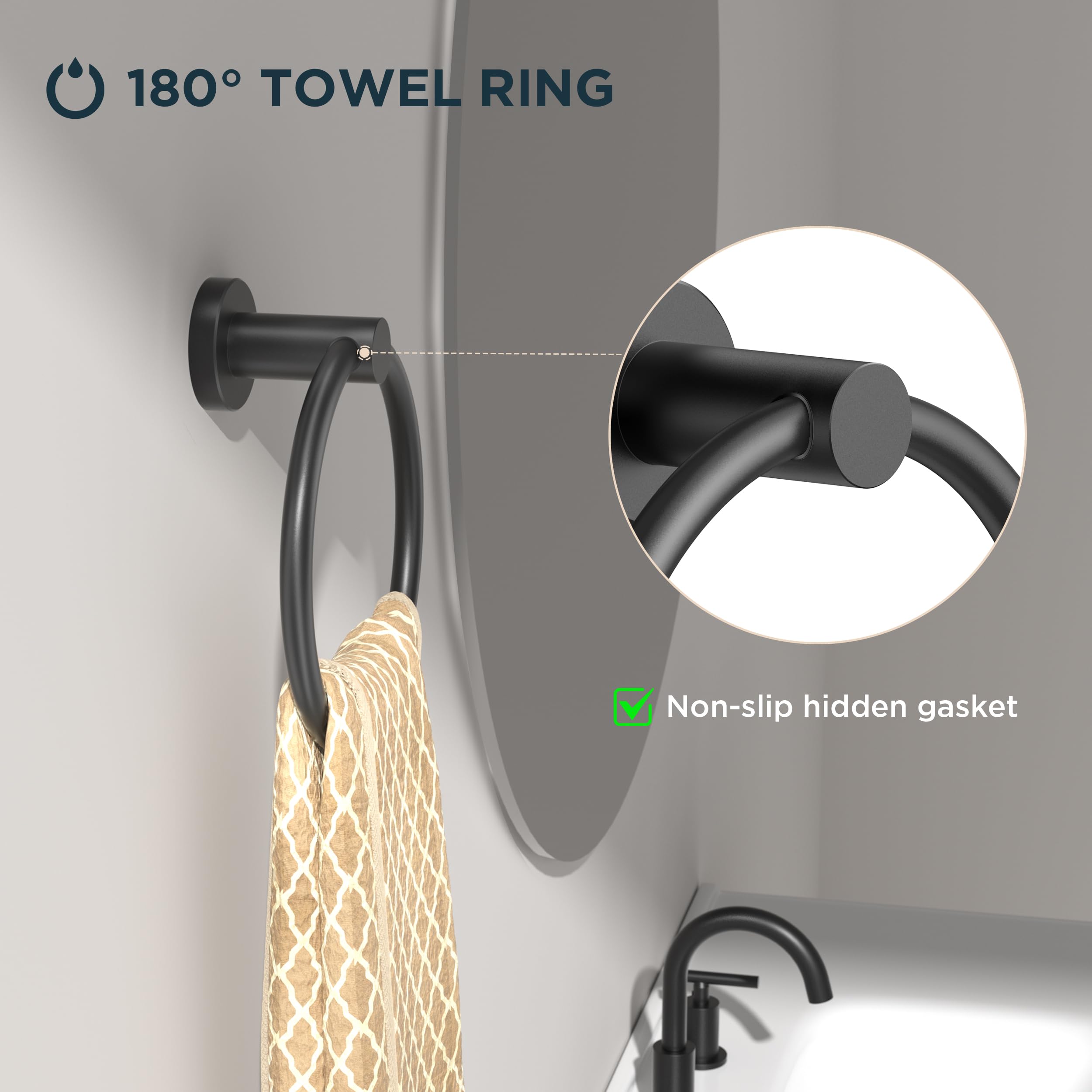 Forious Matte Black Towel Ring 2 Packs, Sus304 Stainless Steel Hand Towel Holder For Bathroom Wall Mounted, Modern Towel Hanger,