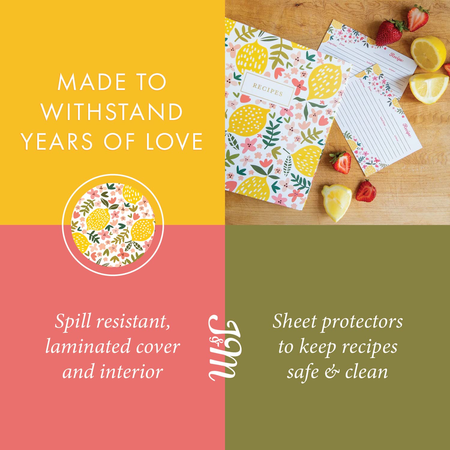 Jot & Mark 3 Ring Recipe Binder with 50 Cards, 25 Sleeves, 6 Dividers, 8.5" x 9.5", Summer Citrus