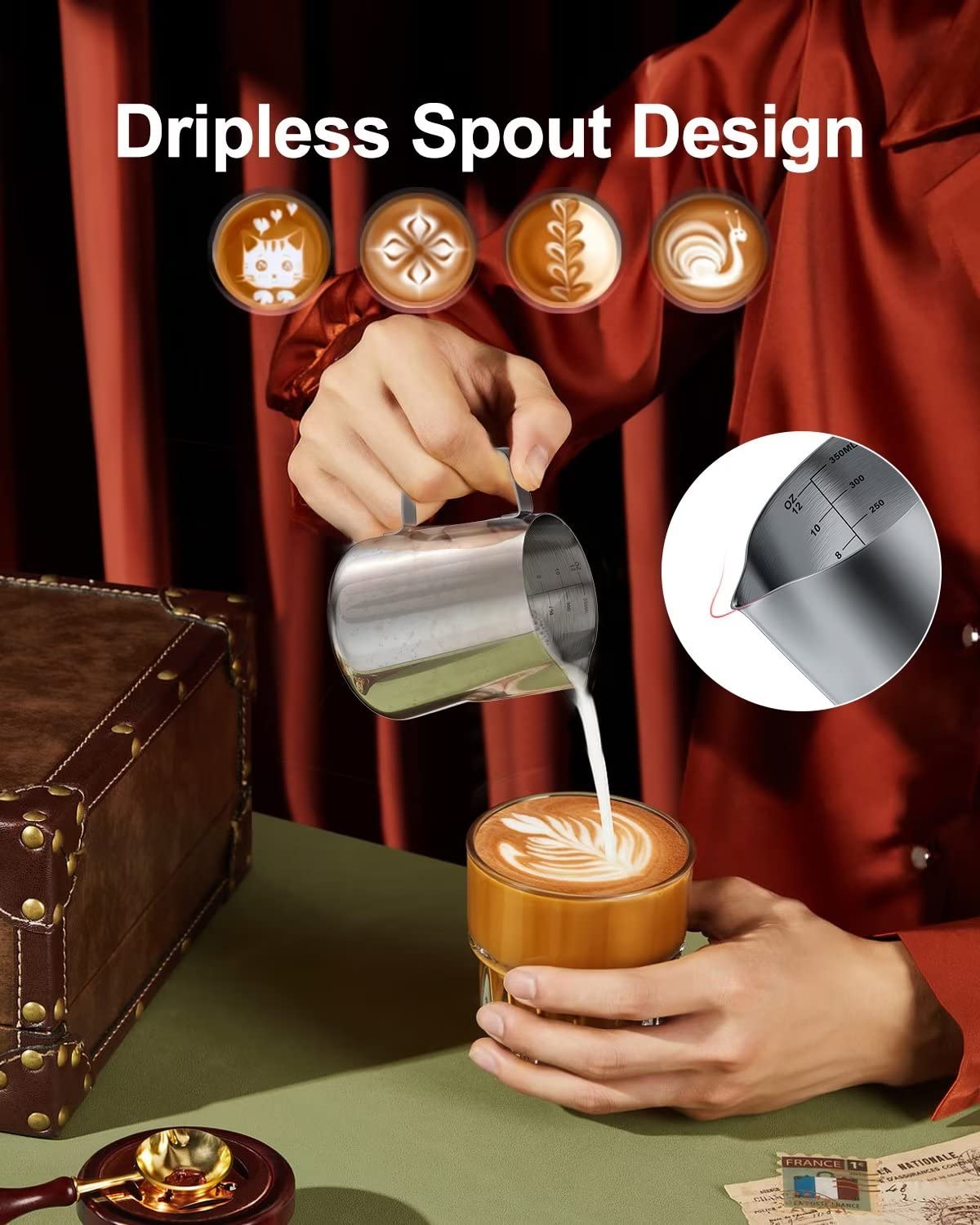 12 Ounces Stainless Steel Milk Frothing Pitcher, Measurements On Both Sides, Espresso Machine Accessories, Latte Art Cup With In