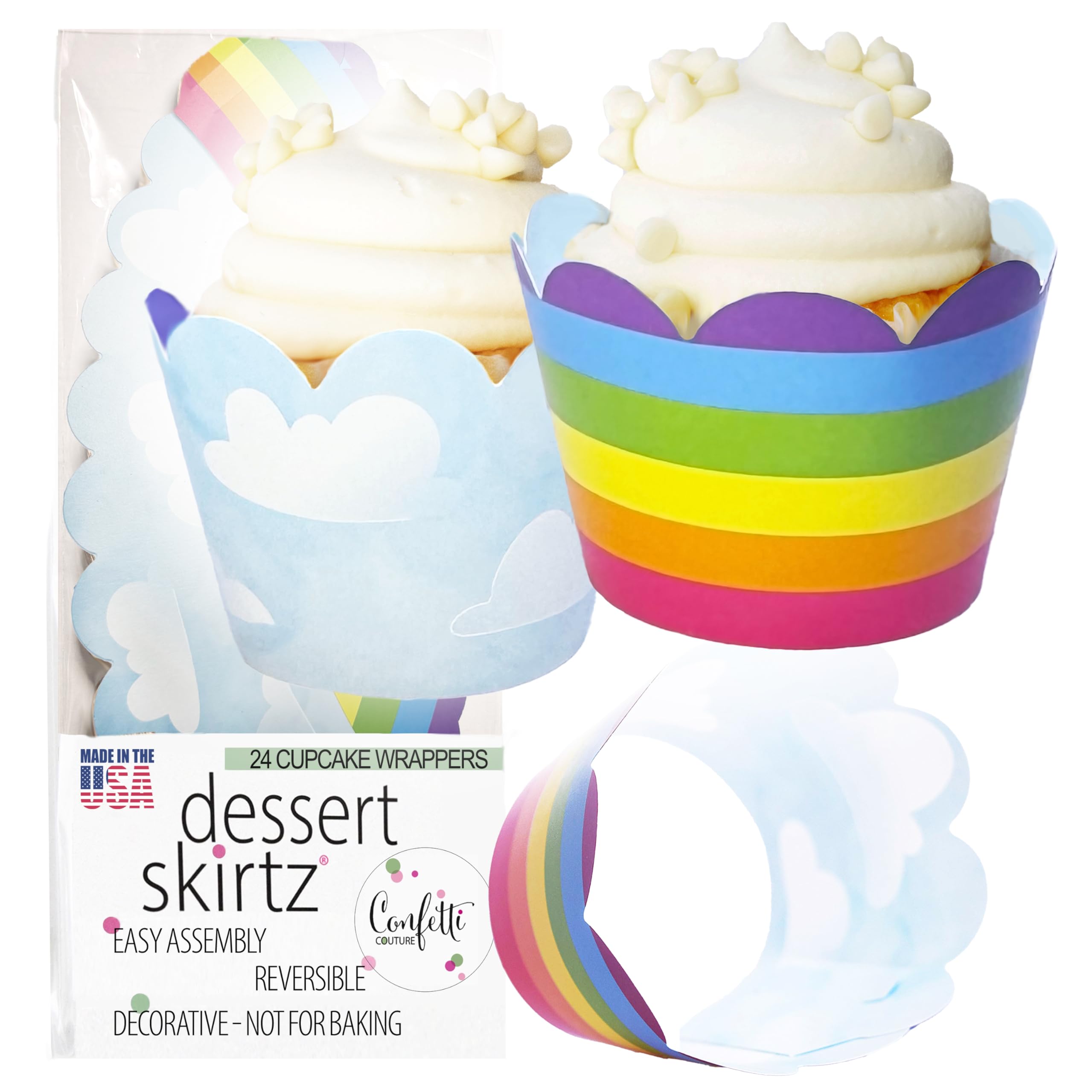 Rainbow Cupcake Wrappers - Happy Cloud & Colorful Stripe Design, Reversible And Adjustable Party Decorations, Princess Birthday,