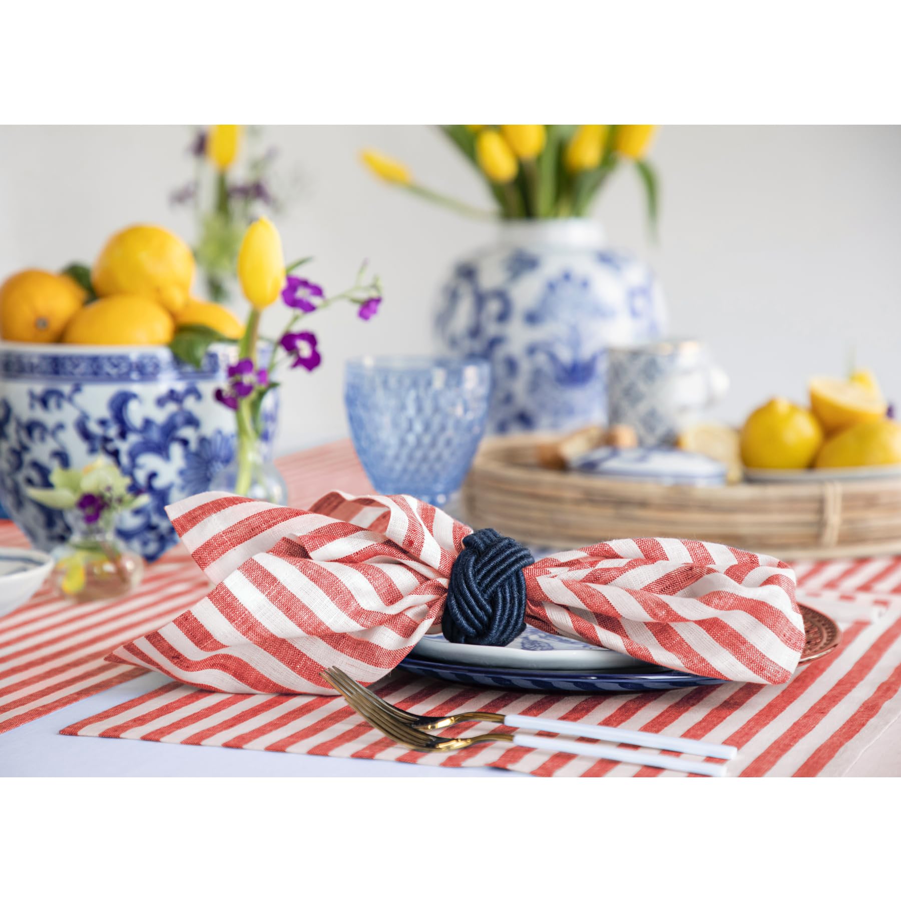 Solino Home Stripe Linen Dinner Napkins 20 X 20 Inch - 100% Pure Linen Red And White Cloth Napkins Set Of 4 - Amalfi Stripe, Han