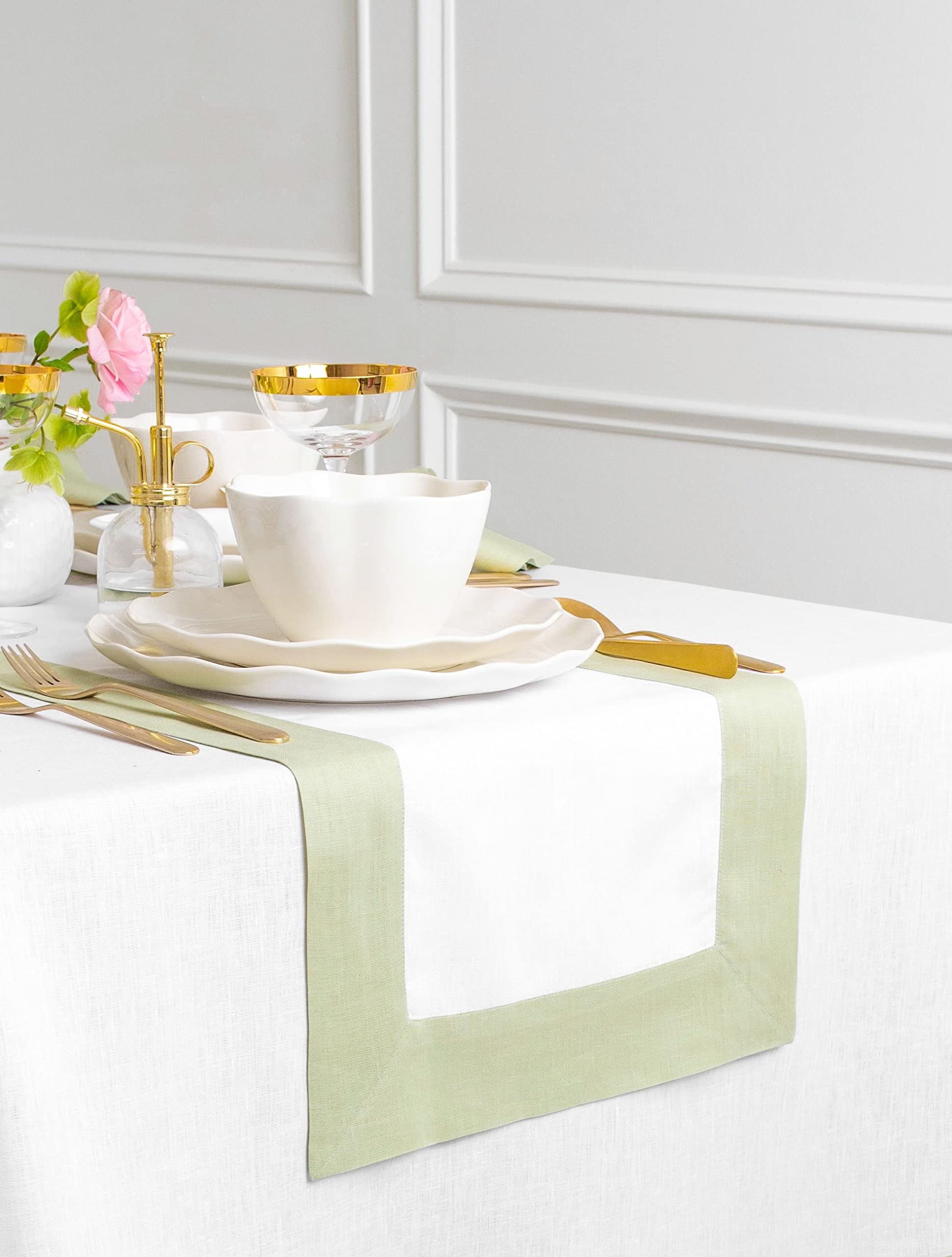 Solino Home Linen Table Runner 14 x 120 Inch - 100% Pure Linen Sage Green and White Table Runner for Spring  Summer  Dining - Contempo  Handcrafted from European Flax and Machine Washable