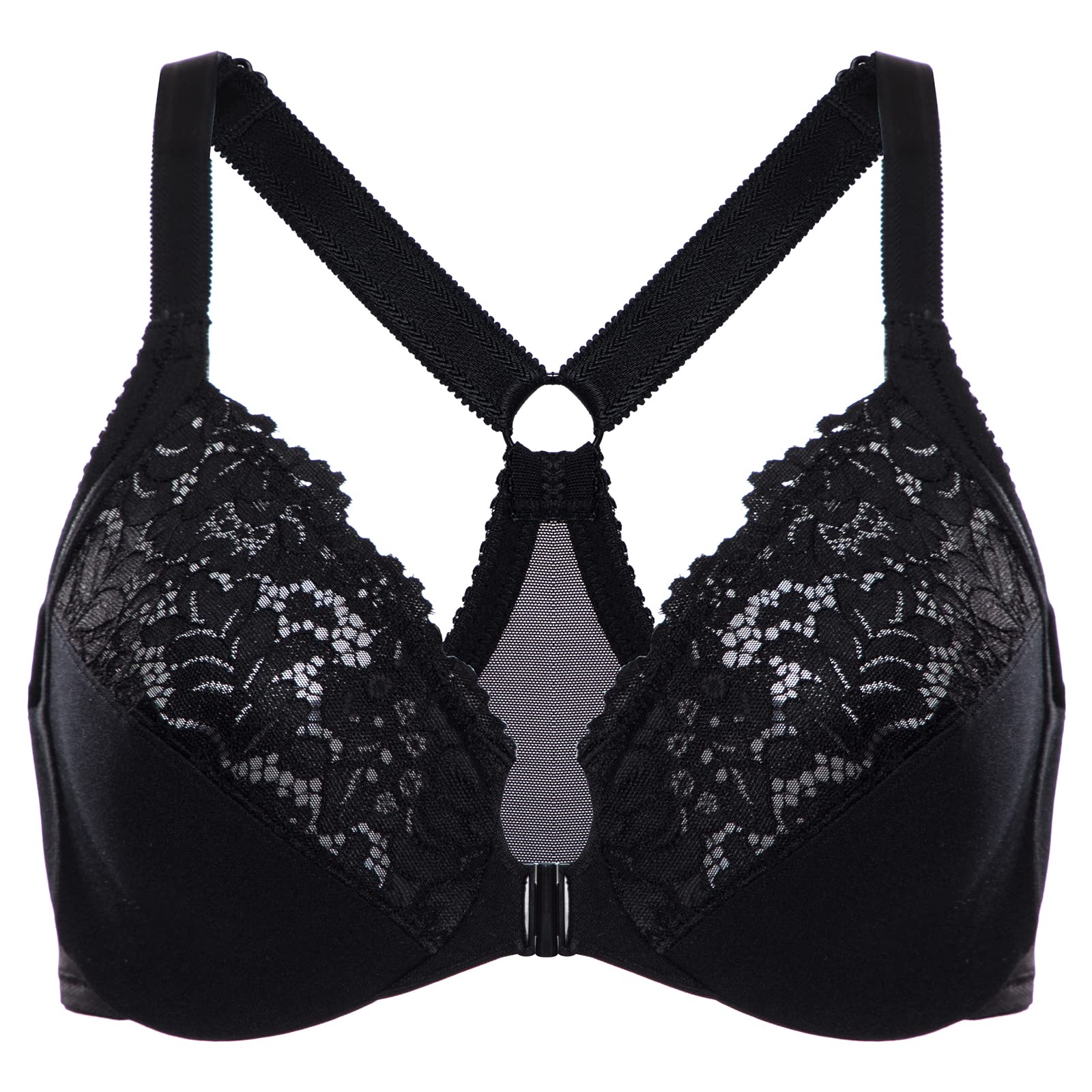 Delimira Womens Front Closure Plus Size Full Coverage Lace Underwire Racerback Bra Black 34E