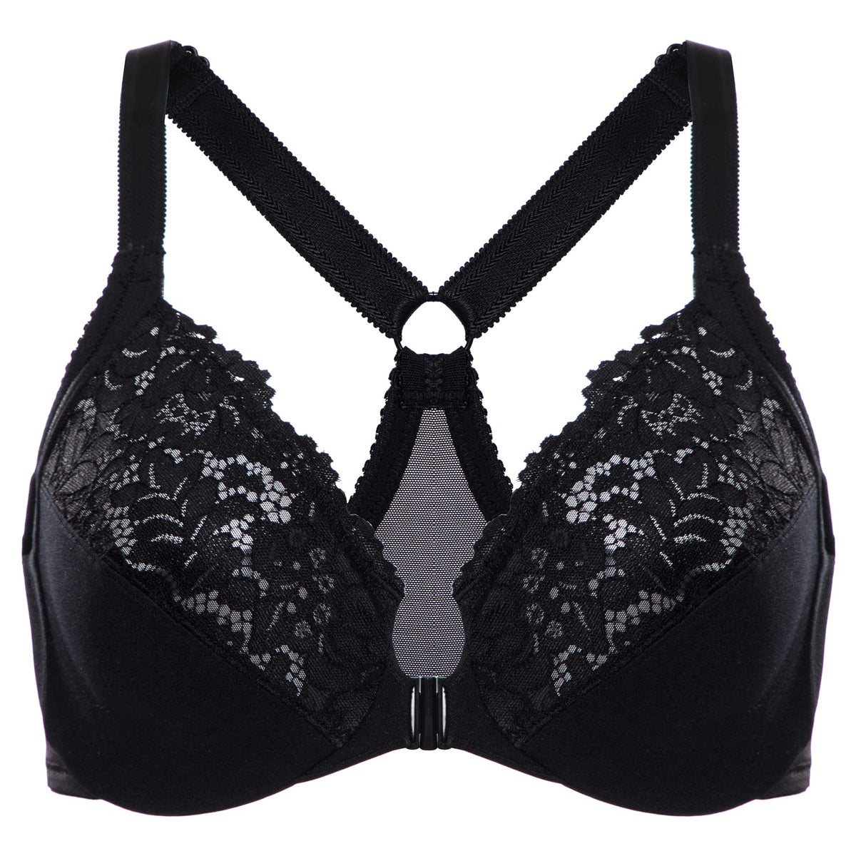 Delimira Womens Front Closure Plus Size Full Coverage Lace Underwire Racerback Bra Black 34E