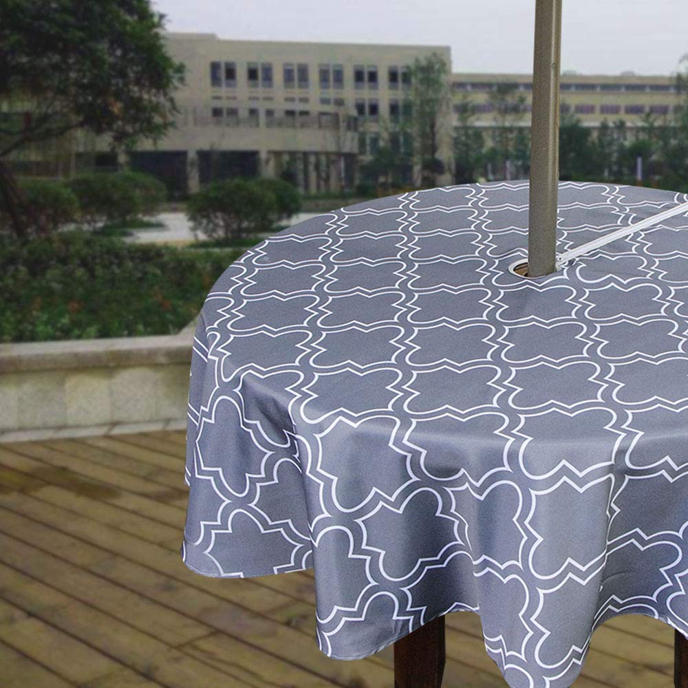 Melaluxe Spring/Summer Wrinkle-Free Waterproof Outdoor Tablecloth with Umbrella Hole and Zipper (Grey, 60 Round-Zippered)