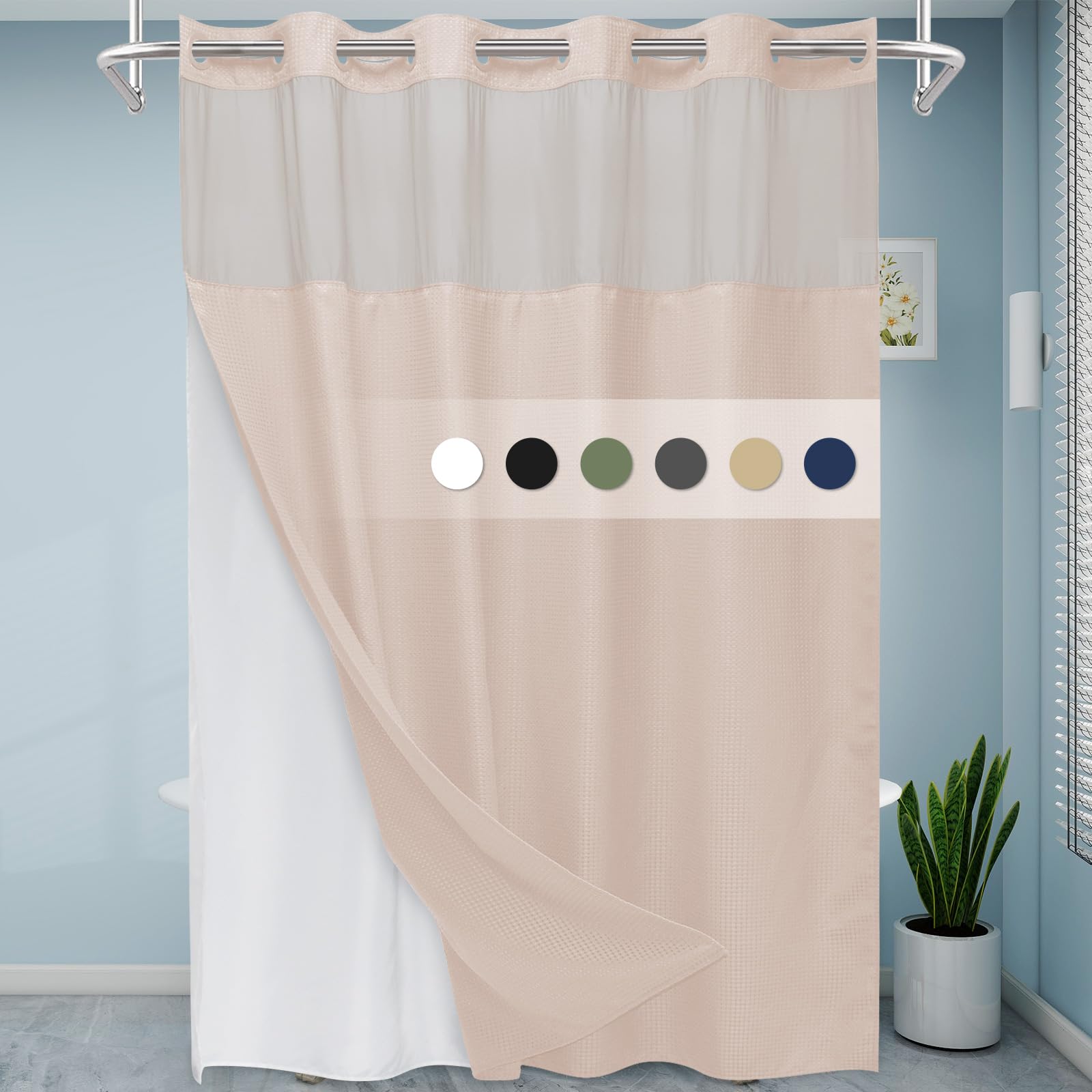 Eutxl Blush Pink Long No Hook Shower Curtain With Snap In Liner,230Gsm Waffle Weave Shower Curtains For Bathroom,71W X 86H