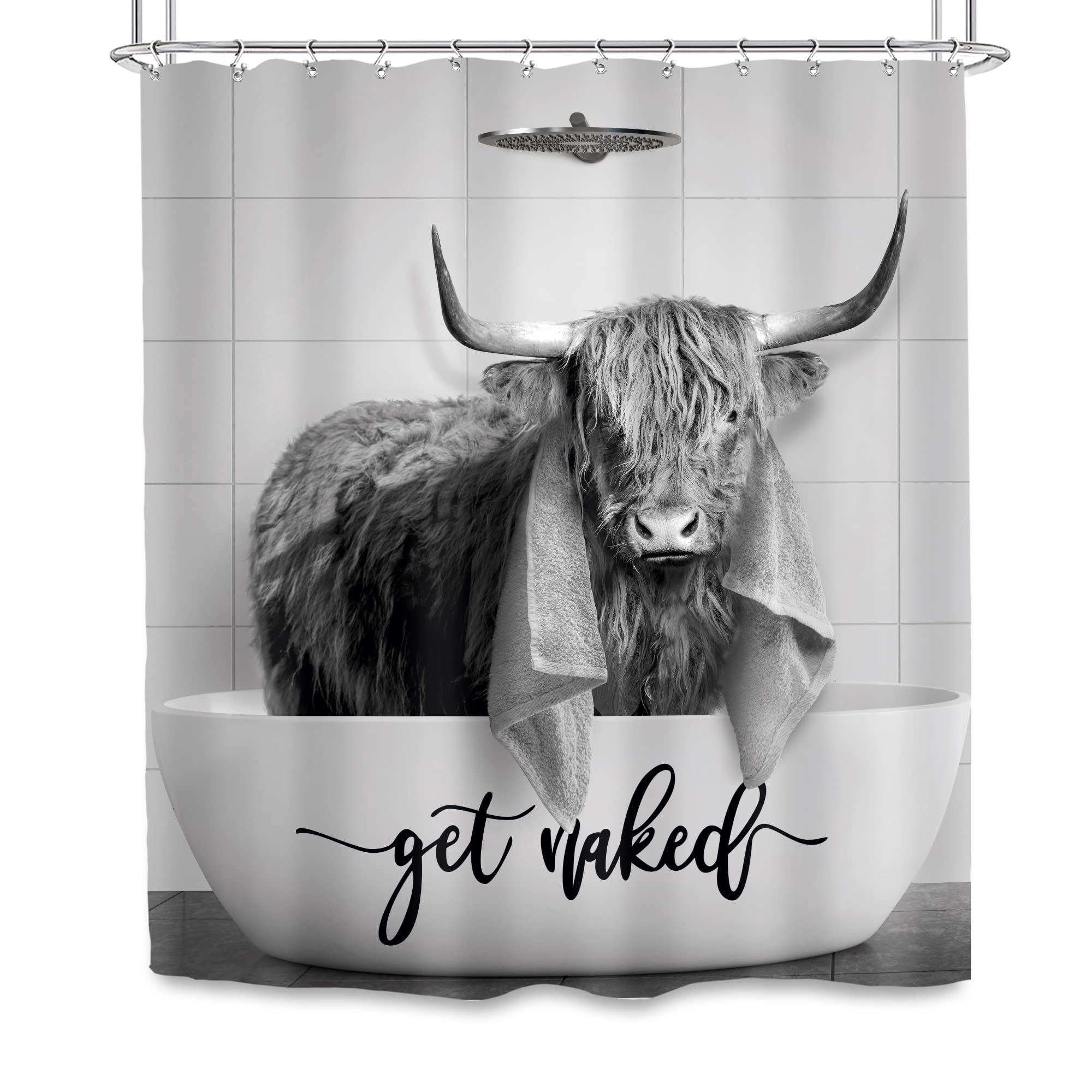Svbright Highland Cow Shower Curtain 60Wx72L Inch Rustic Gray Bull Cattle Vintage Rustic Farmhouse Animal Wildlife Western Farm