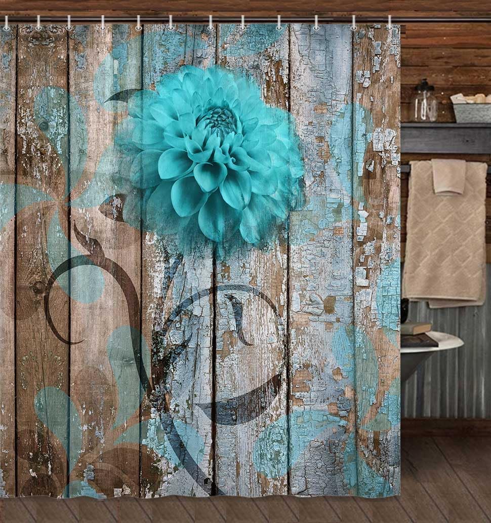 Jawo Farmhouse Flower Floral Shower Curtain, Rustic Teal Turquoise Dahlia Shower Curtain Set, Country Blue Wild Garden Plant Fab