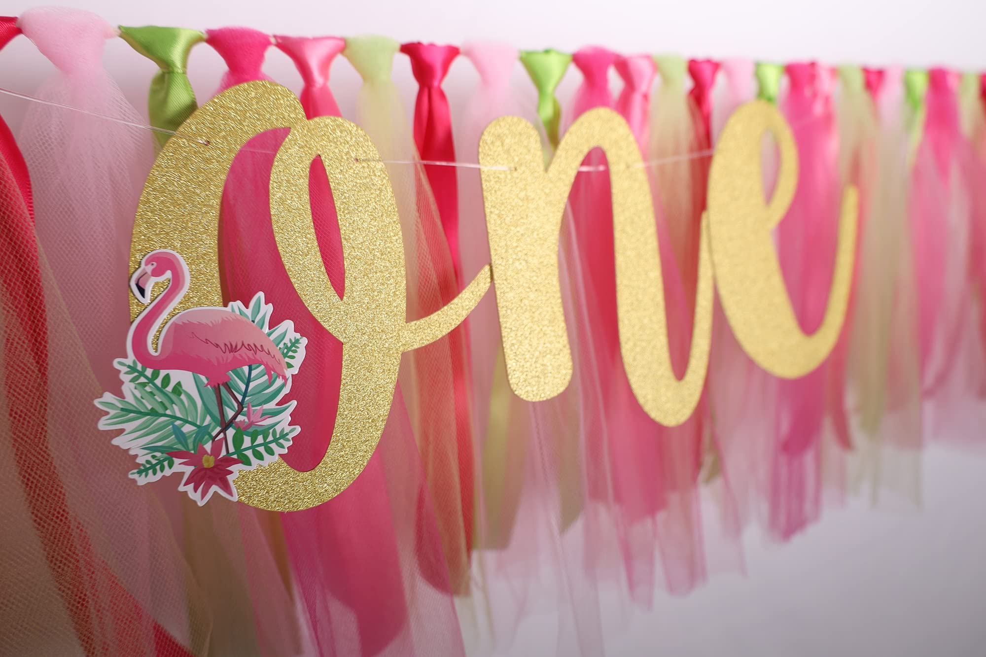 Flamingo Highchair Banner Decoration For Baby - 1St First Birthday Banner, High Chair Fabric Garland Party Supplies, Red Yellow