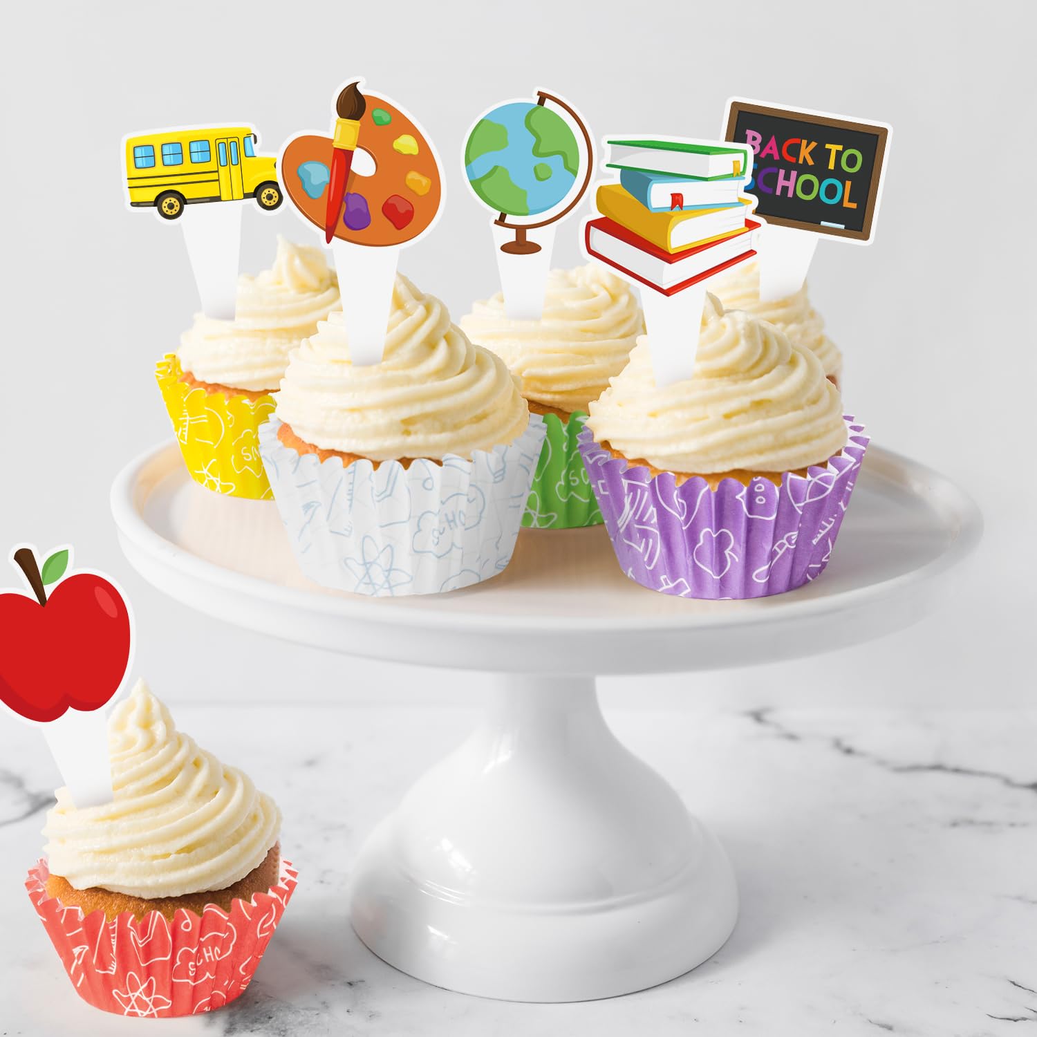 Cocnny 300Pcs Back To School Cupcake Liners, School Mini Cake Baking Cups, First Day Of School Cupcake Wrappers With Cupcake Top