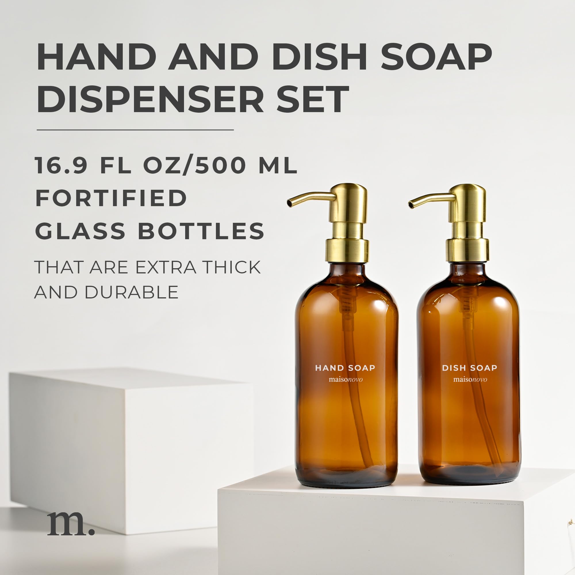 Maisonovo Hand And Dish Soap Dispenser Set | 16.9 Fl Oz Amber Glass Gold Pump X 2