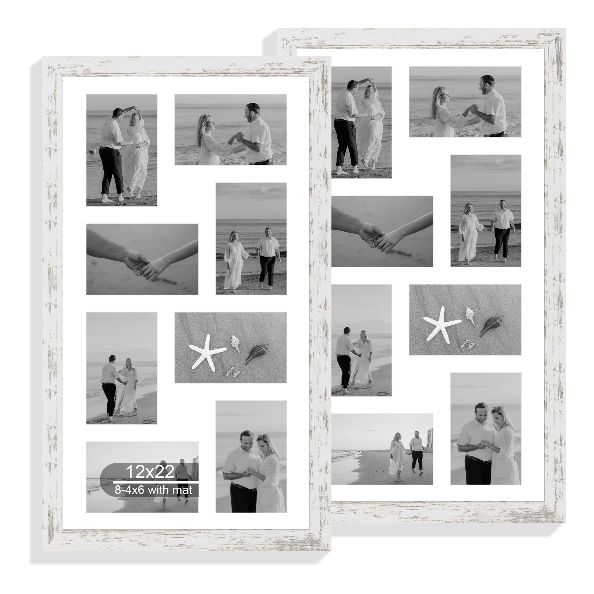 Hongkee 12x22 Picture Frame Set of 2, Distressed White with Glass Collage Frame, Display Eight Opening 4x6 Photos With Mat or 12