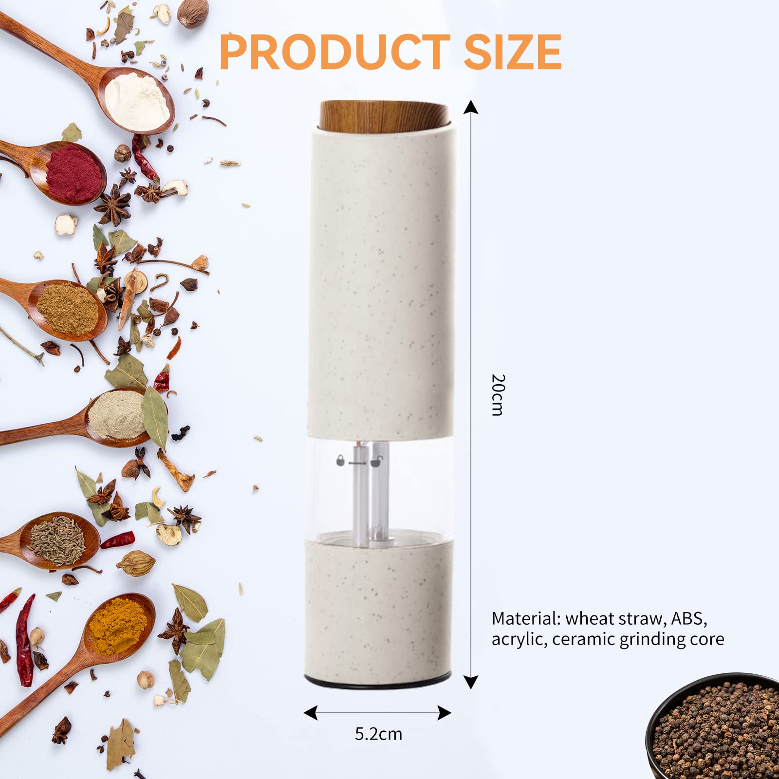 AmaCielo Electric Salt and Pepper Grinder  Pepper Grinder Set 2pcs  Wheat Straw Eco-friendly Material Automatic Pepper Salt Grinder  Adjustable Roughness  One Hand Operation