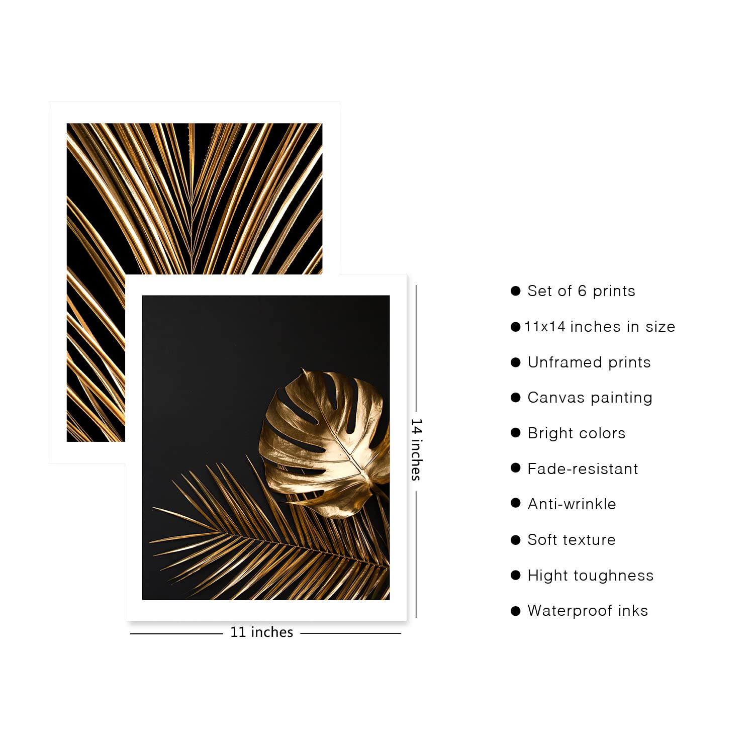 Hoozgee Gold Leaf Art Prints Modern Black Gold Botanical Tropical Plant Leaves Art Wall Pictures Canvas Prints Gallery Wall Art