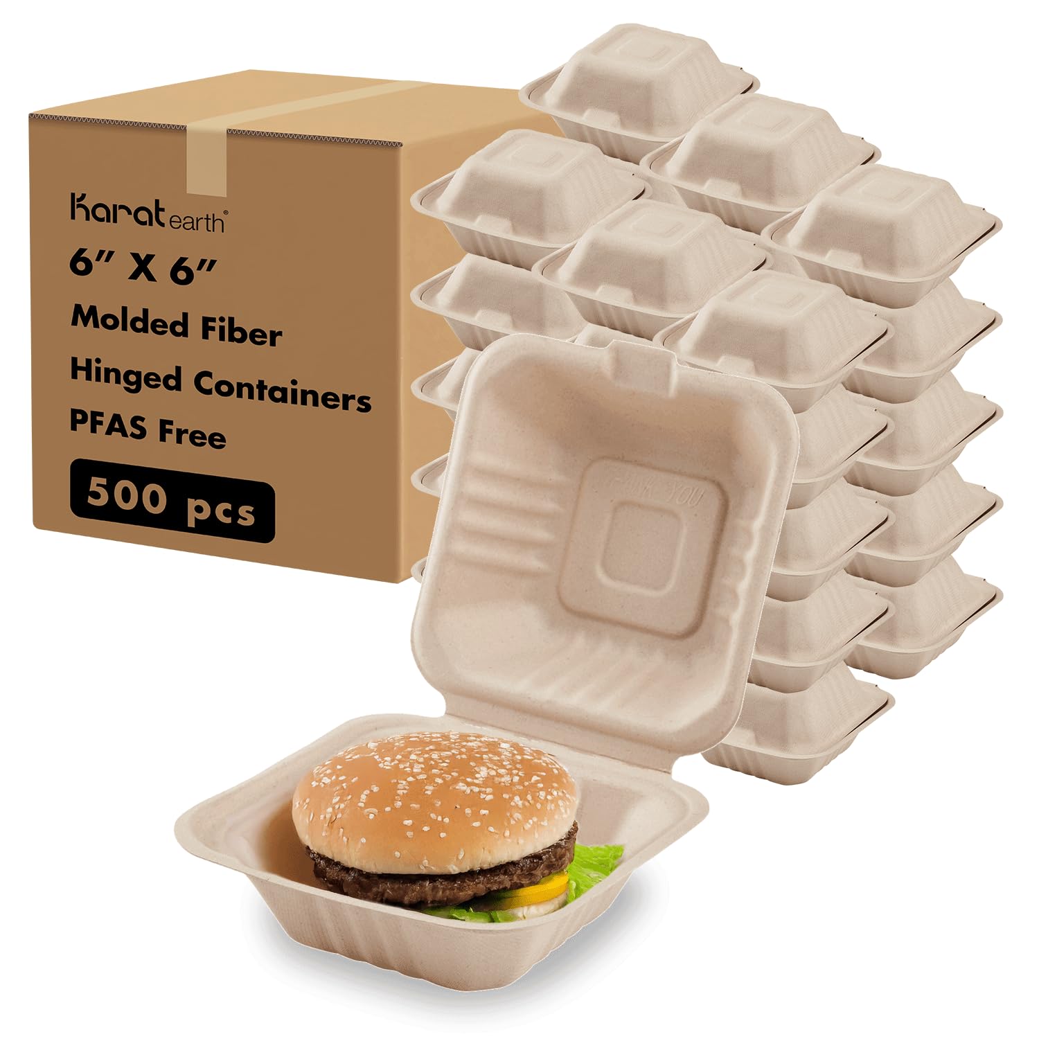 KARAT EARTH Clamshell Take Out Food Containers [6x6, 500 ct ] Compostable To Go Containers, Natural Biodegradable Bagasse, Made 