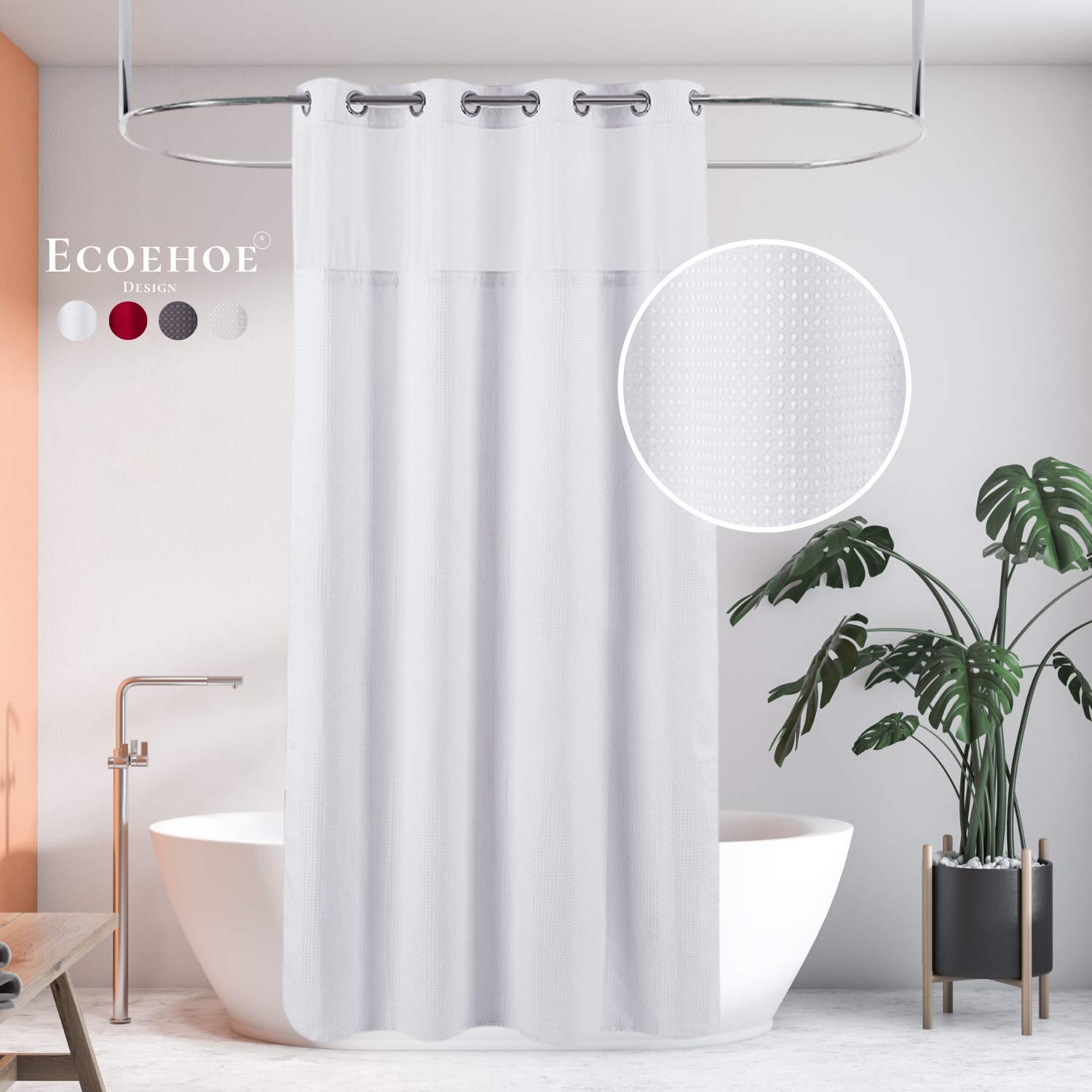 Ecoehoe Hotel Grade Waffle Weave Fabric Hook Free Shower Curtain With Magnets Snap-In Liner - Heavy Duty Bath Curtain With See T