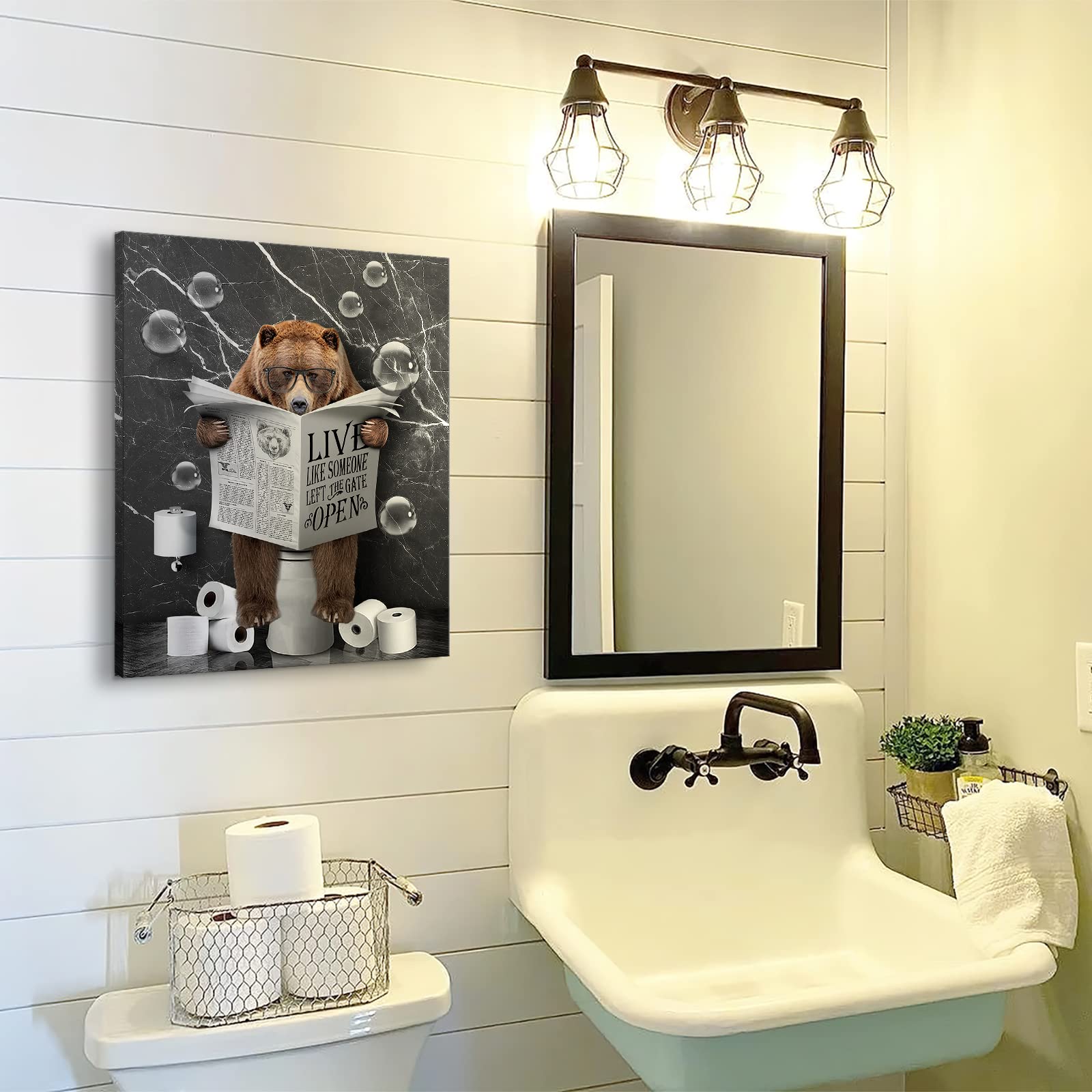 Bear Sitting In Toilet Bathroom Decor Wall Art Funny Bear Pictures Black And White Bathroom Wall Decor Farmhouse Bear Painting F