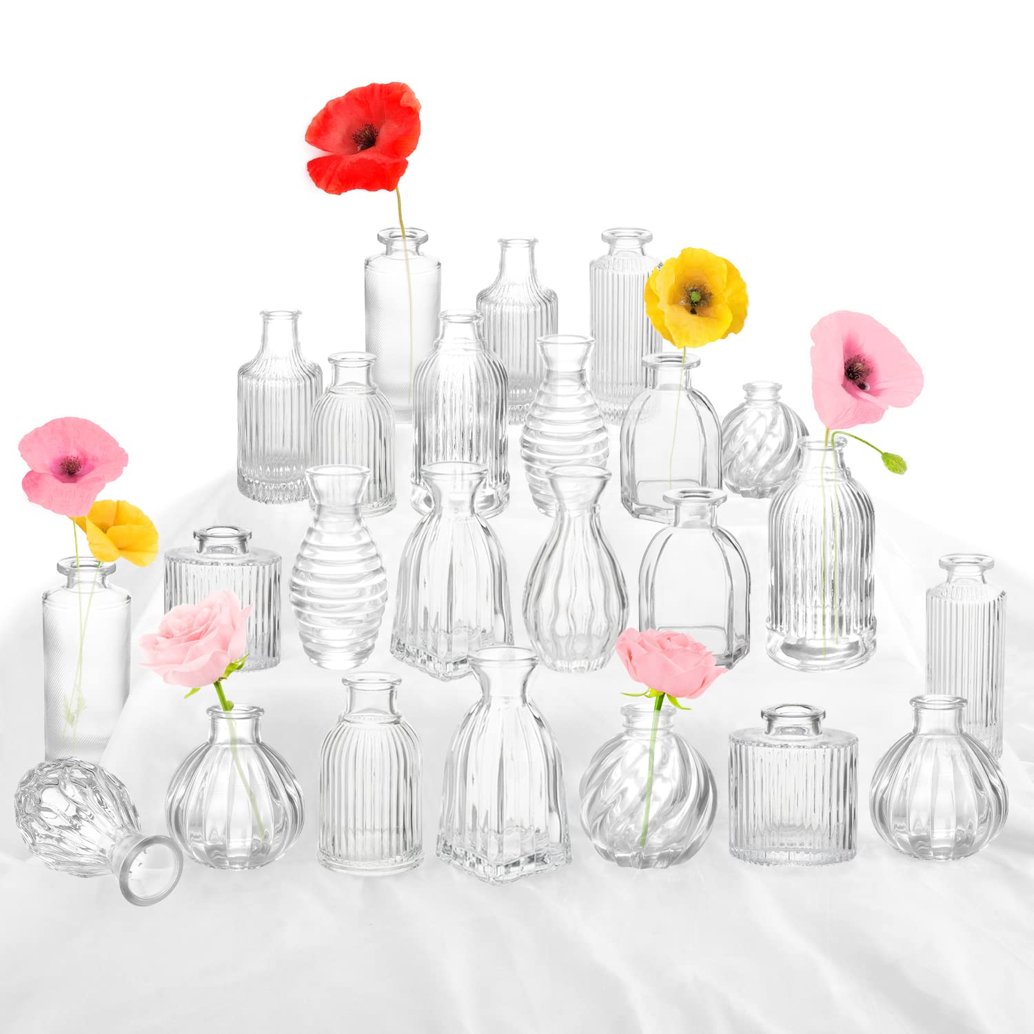 Bud Vases in Bulk 24, Small Glass Vase for Centerpieces, Vintage Vases for Decor, Mini Clear Single Flower Vase Bulk for Wedding