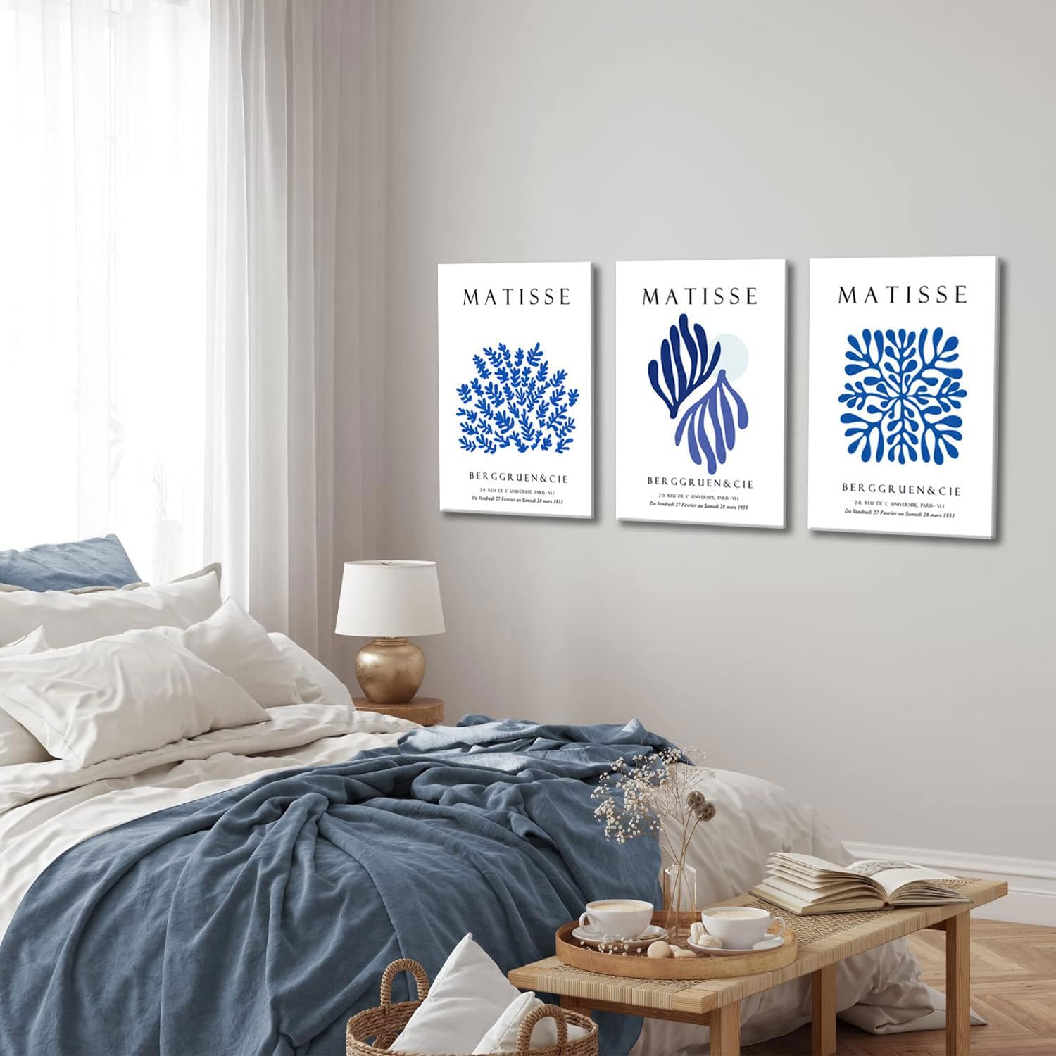 Djmwtb Matisse Canvas Wall Art Abstract Navy Blue Poster Prints Framed Set Of 3 Minimalist Flower Aesthetic Pictures Modern Artw