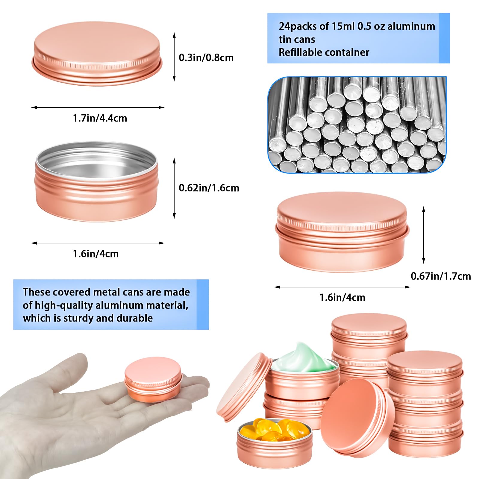 Motbach 24 Pack 0.5Oz Tin Jars, 15Ml Metal Tin Cans, 1/2 Ounce Aluminum Tin Can Jar Containers With Lid For Lotion Bars, Spices,
