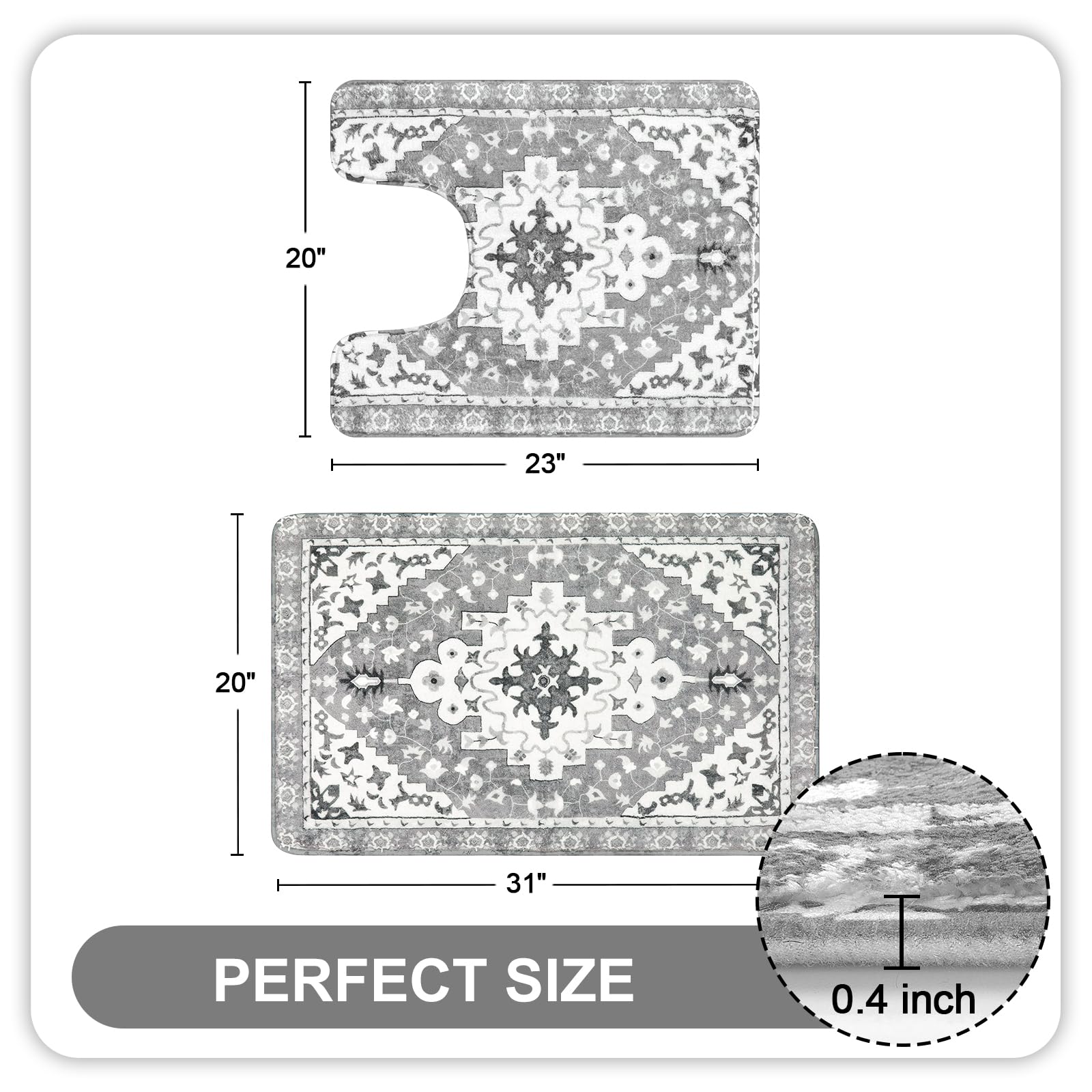 Uphome Boho Vintage Bathroom Rugs Sets 2 Piece Gray Non-Slip Soft Bath Mat With U-Shaped Contour Toilet Rug Machine Washable Ori