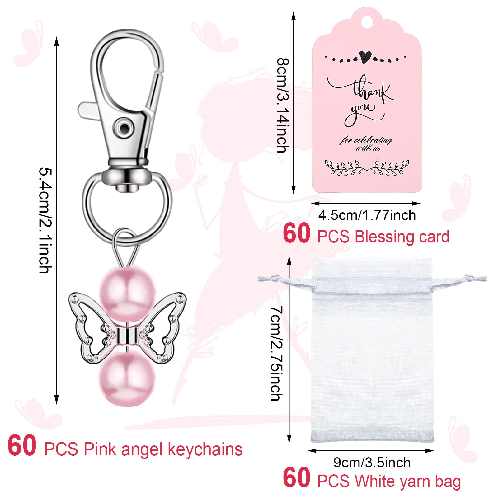 Hicarer 60 Sets Angel Keychains Baby Shower Favors 60 White Organza Gift Bags With Thank You Tags Angel Keychains For Guest (Pin