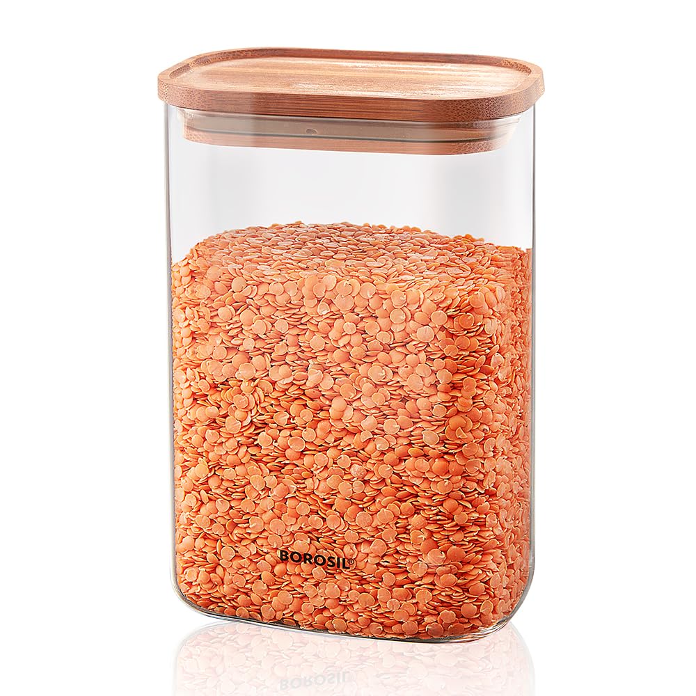 Borosil 1.3L Storage Jar Set With Bamboo Lid | Made In India Borosilicate Glass Dishwasher Safe Container For Kitchen | Multipur