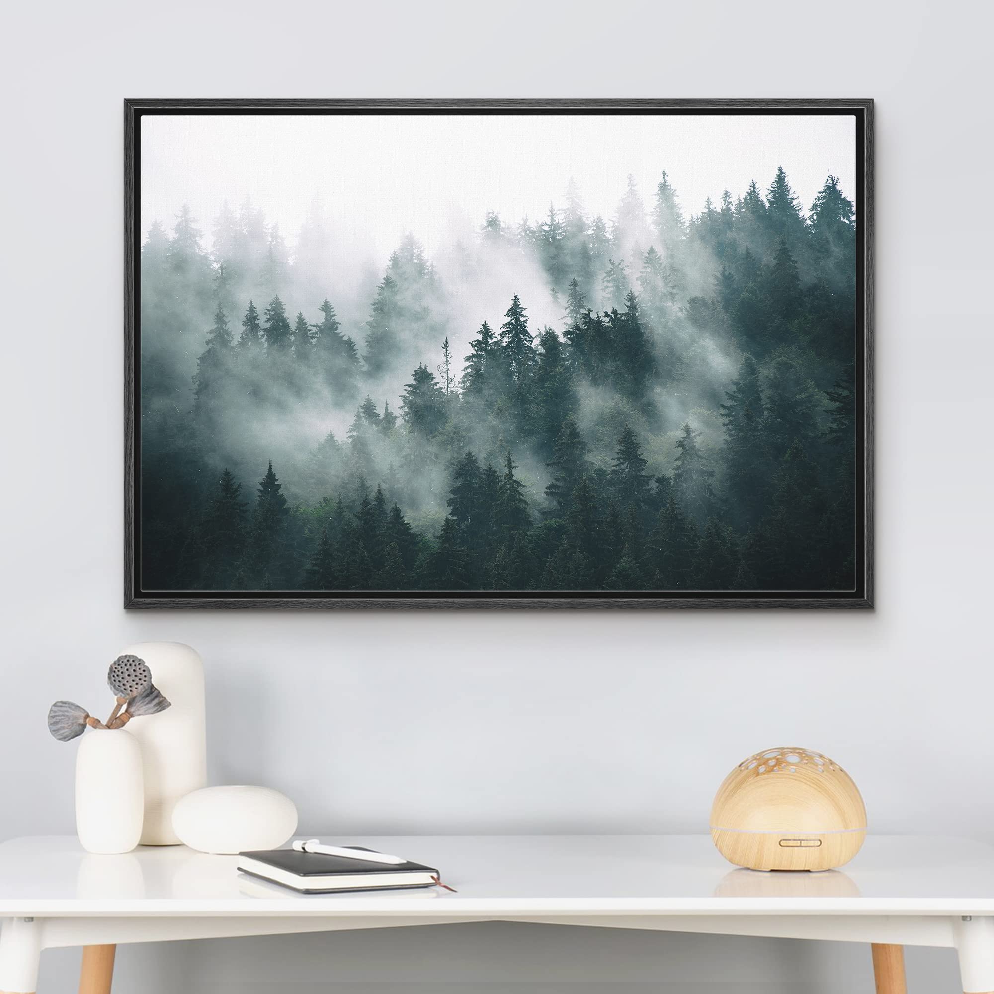 wall26 Framed Canvas Print Wall Art Misty and Fog Over Dark Mountain Forest Wilderness Nature Photography Modern Art Rustic Landscape Colorful for Living Room  Bedroom  Office - 16x24 Black