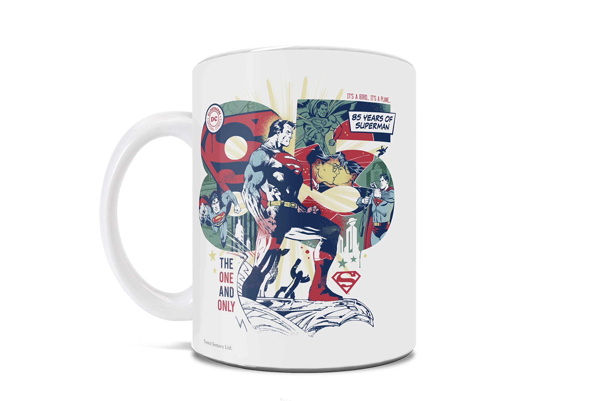 Trend Setters DC Comics - Superman 85th Anniversary - Man of Steel Comic Book Collage - One 11 oz Ceramic Coffee Mug - Officiall