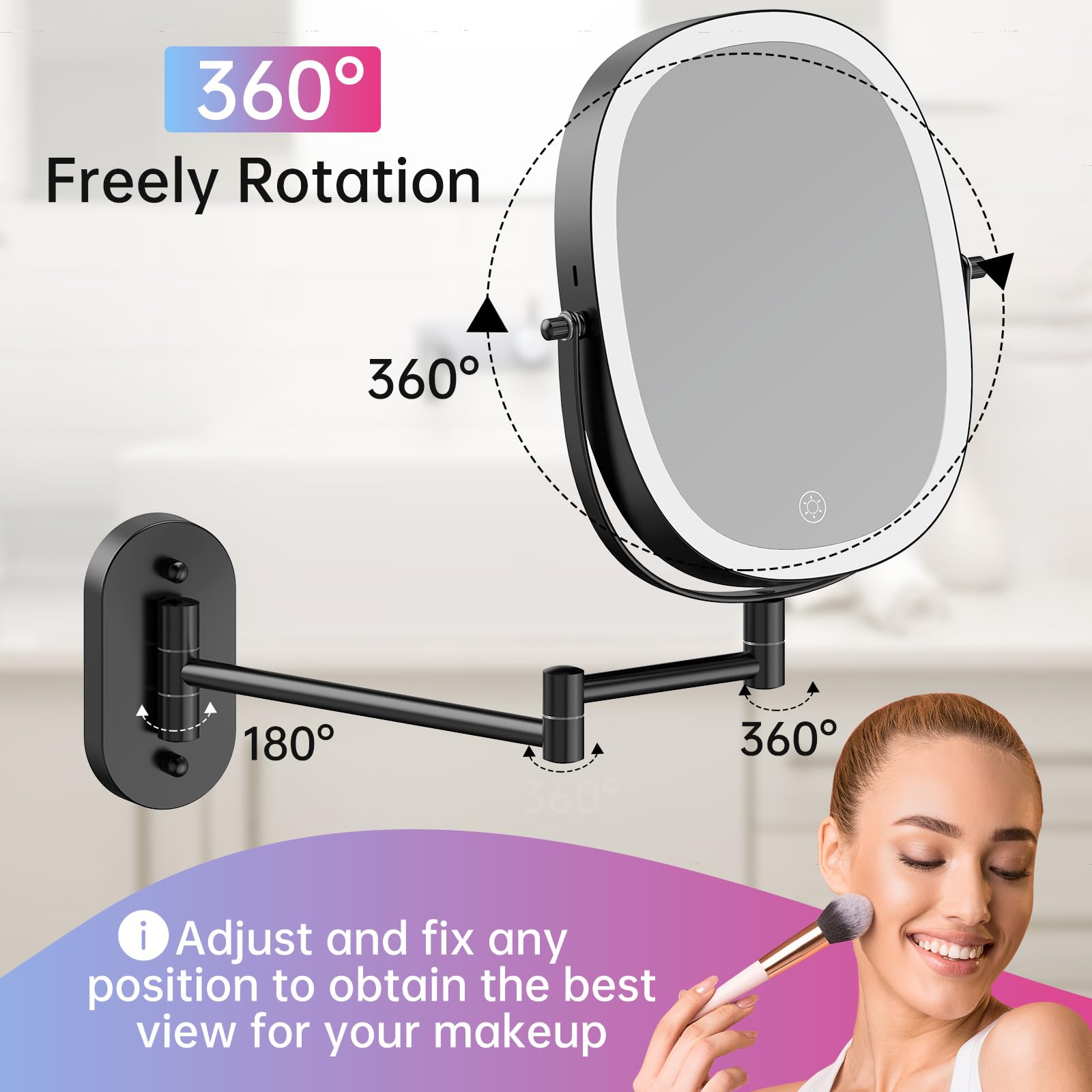 Funtouch Rechargeable Wall Mounted Lighted Makeup Vanity Mirror, Double Sided 1X/7X Magnification, 3 Dimmable Light Settings, Ex