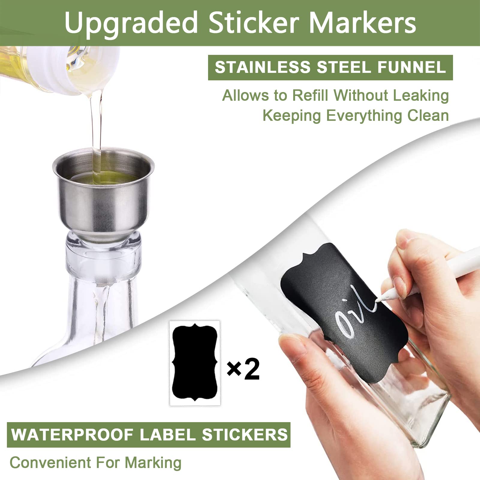 Leaflai Olive Oil Dispenser Set, 2 Glass Bottles, 500ml, Includes 2 Pourers, Labels, Brush, Funnel, Transparent