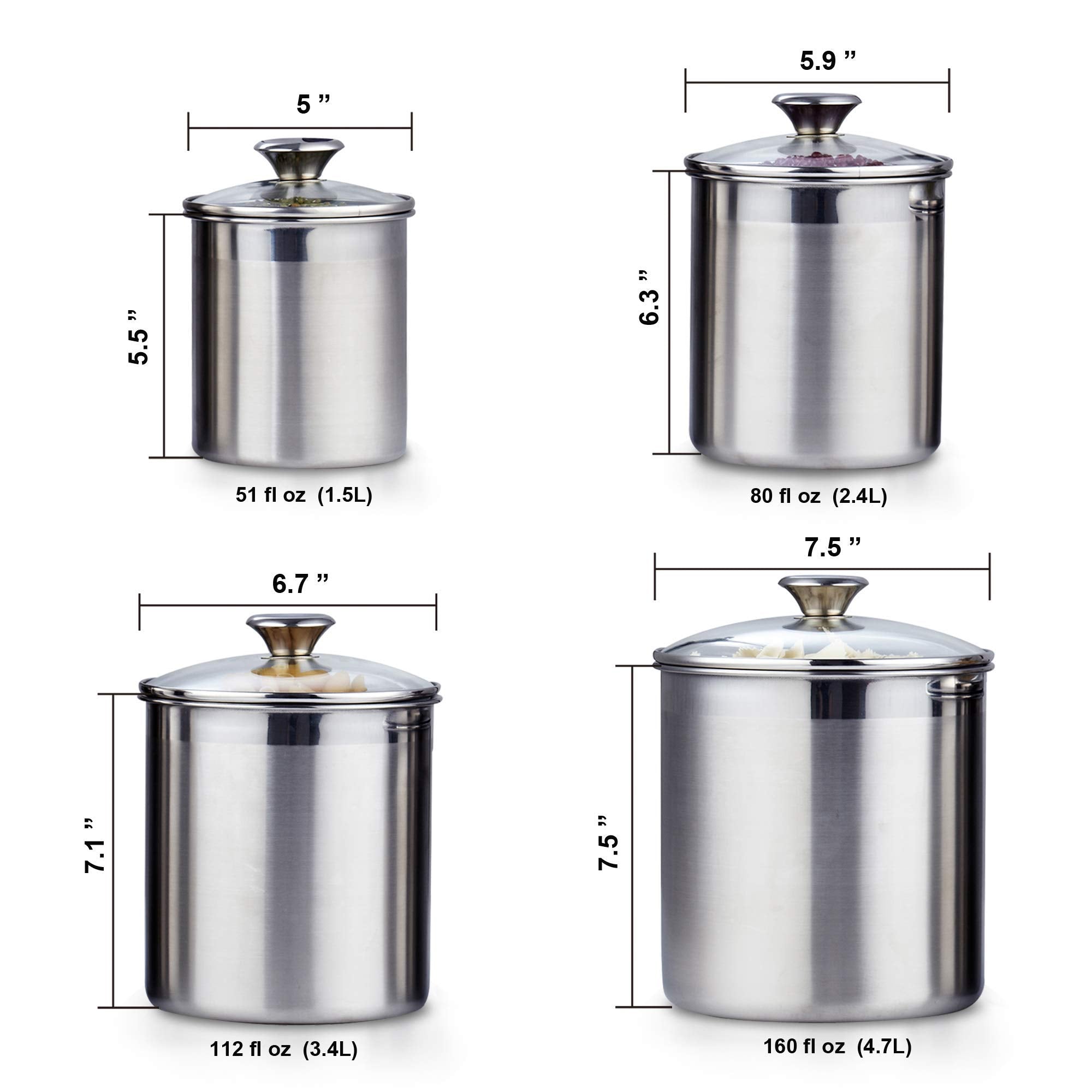 Cooks Standard Stainless Steel Food Jar Storage Canister Set Large 4-Piece, 1.6Qt/2.5Qt/3.5Qt /5Qt Airtight Containers With Glas