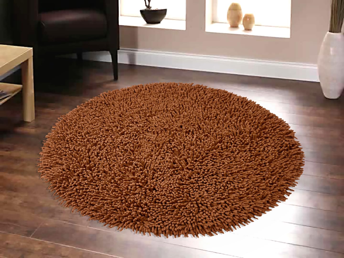 Saral Home Cotton Shaggy Anti-Skid Round Bath Mat(Brown,120X120 Cm)