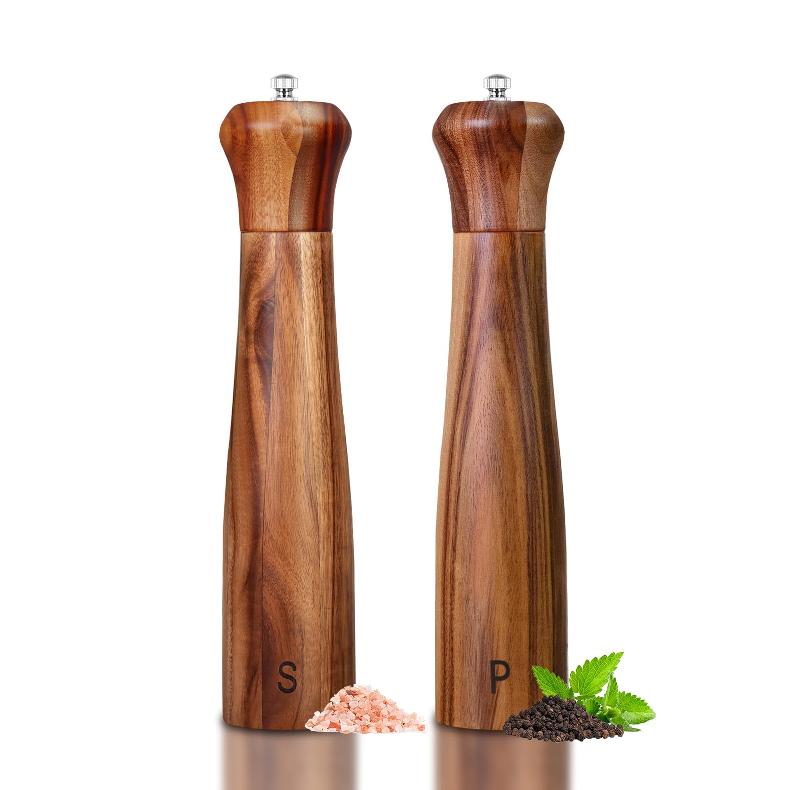 2 Pack 10 Inch Acacia Wooden Salt and Pepper Grinder Set, Manual Salt and Pepper Mills, Salt Grinder Refillable with Adjustable 
