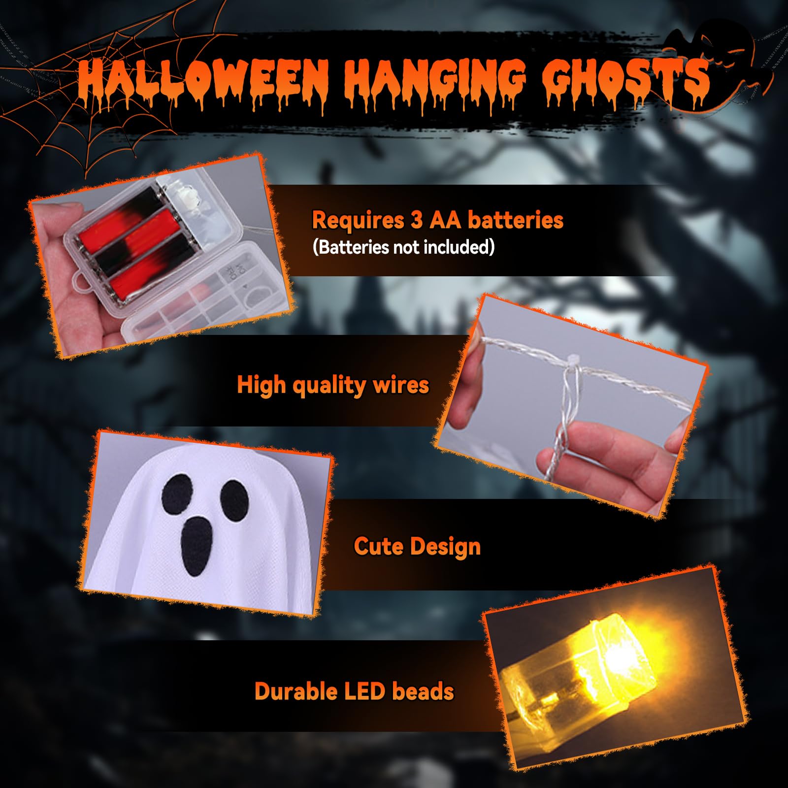 Halloween Decorations Outdoor Hanging Ghosts, Hanging Ghost String Lights 20FT LED Ghost Light with White Creep Cloth and Black