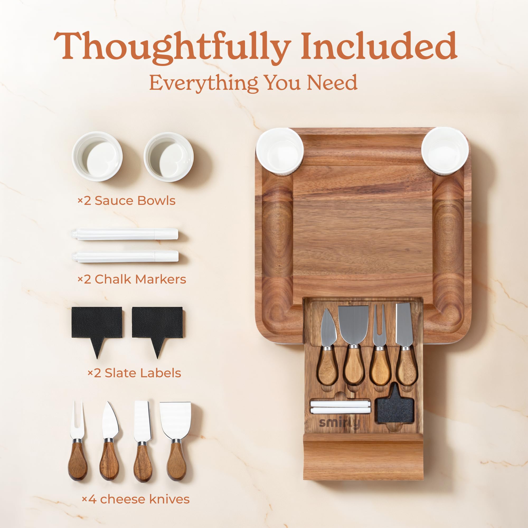 SMIRLY Charcuterie Boards Set, Large Cheese Board Set, Natural Walnut Wood Charcuterie Tray with Accessories - Housewarming Gift