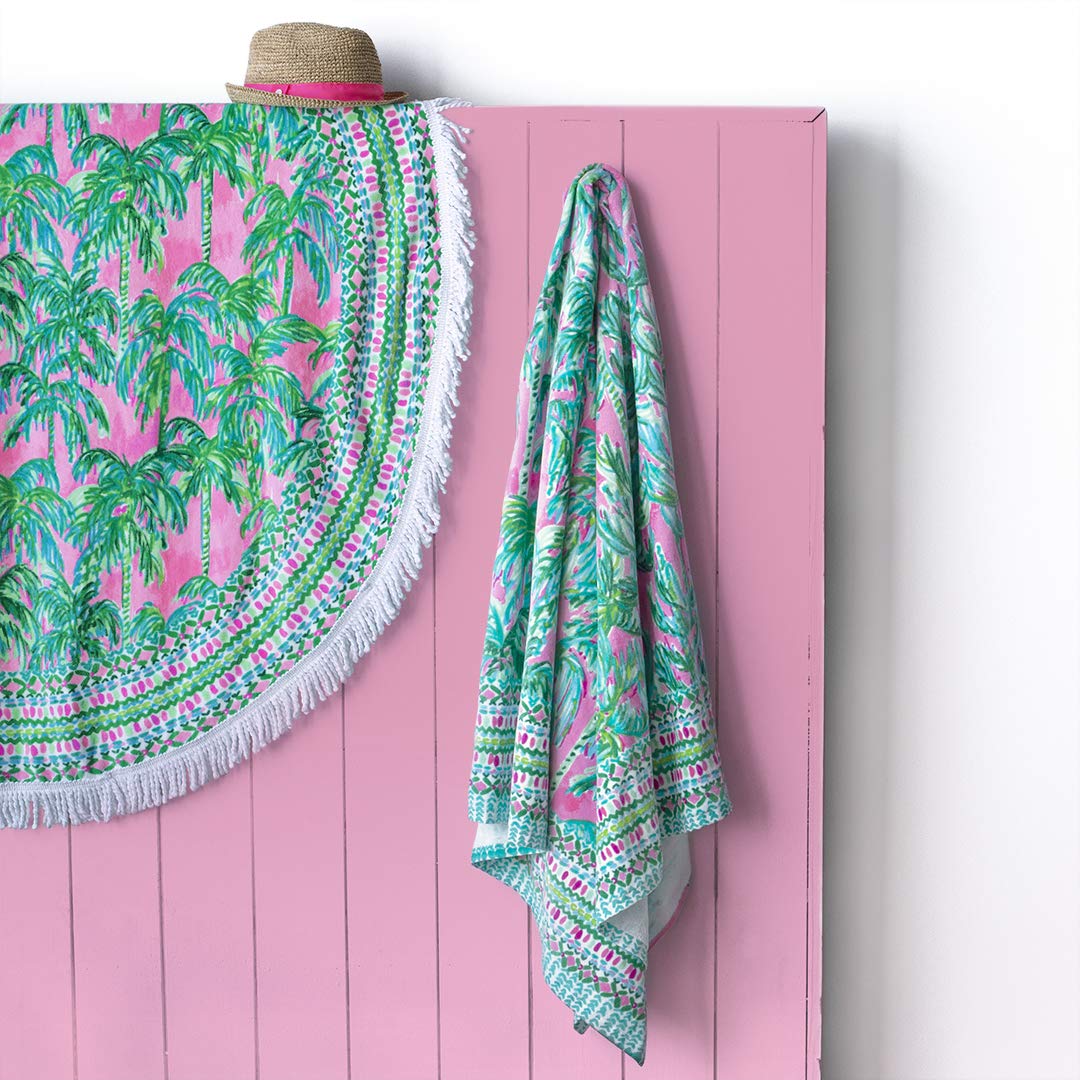 Lilly Pulitzer Oversized Pool/Beach Towel, 40 X 70, Large Terry Cloth Towel For Adults, Pink/Green Palm Tree Print, Suite Views