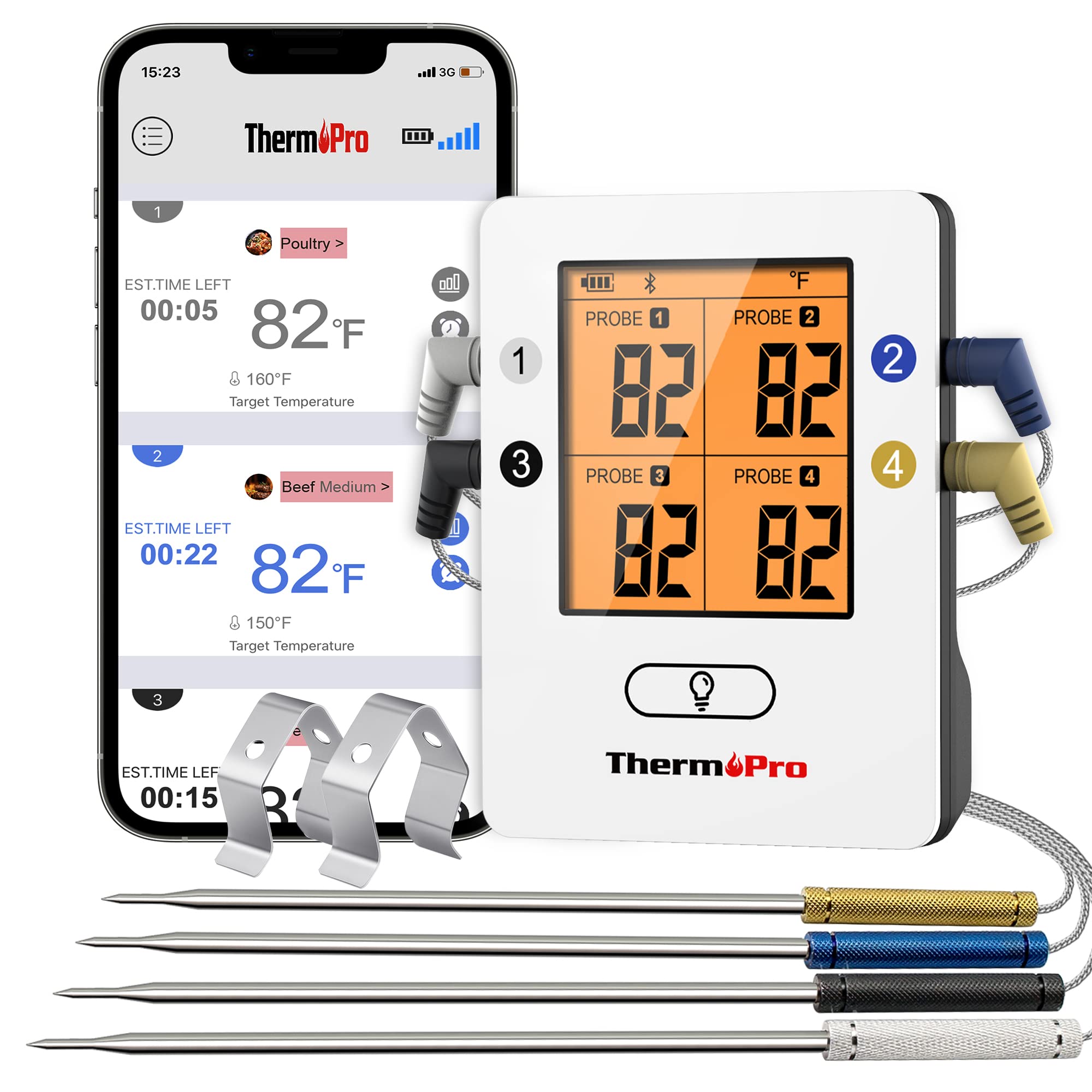 Thermopro Tp25 650Ft Wireless Meat Thermometer With 4 Probes, Bluetooth Meat Thermometer For Cooking, Bbq Oven Food Smoker Therm