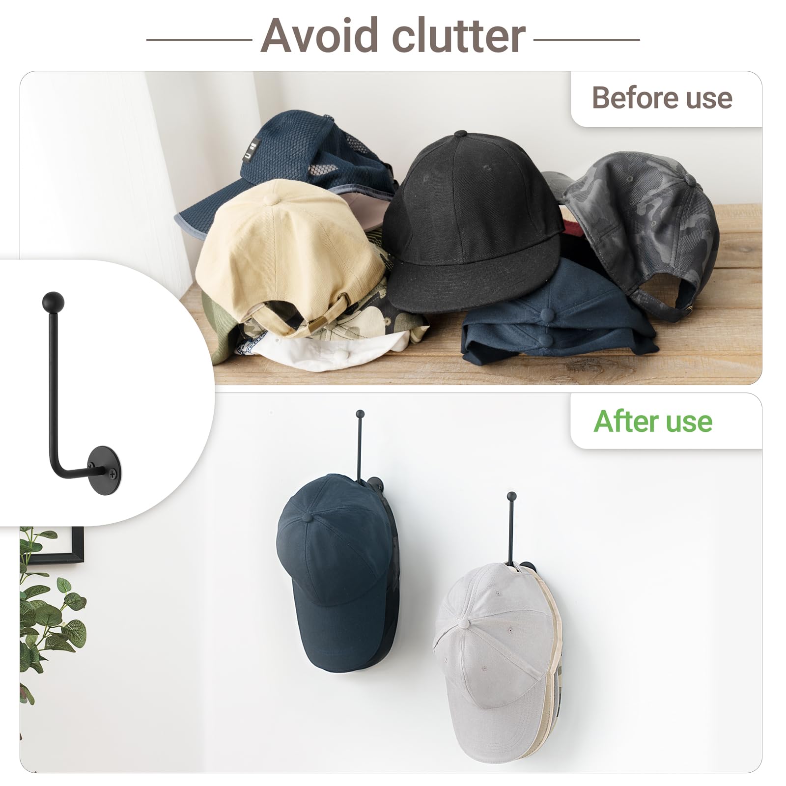 Dahey Hat Organizer For Baseball Caps, 2 Pcs Hat Rack Wall Mount 5 Inches Space Saving L Shaped Hat Holder Organizer Modern Meta
