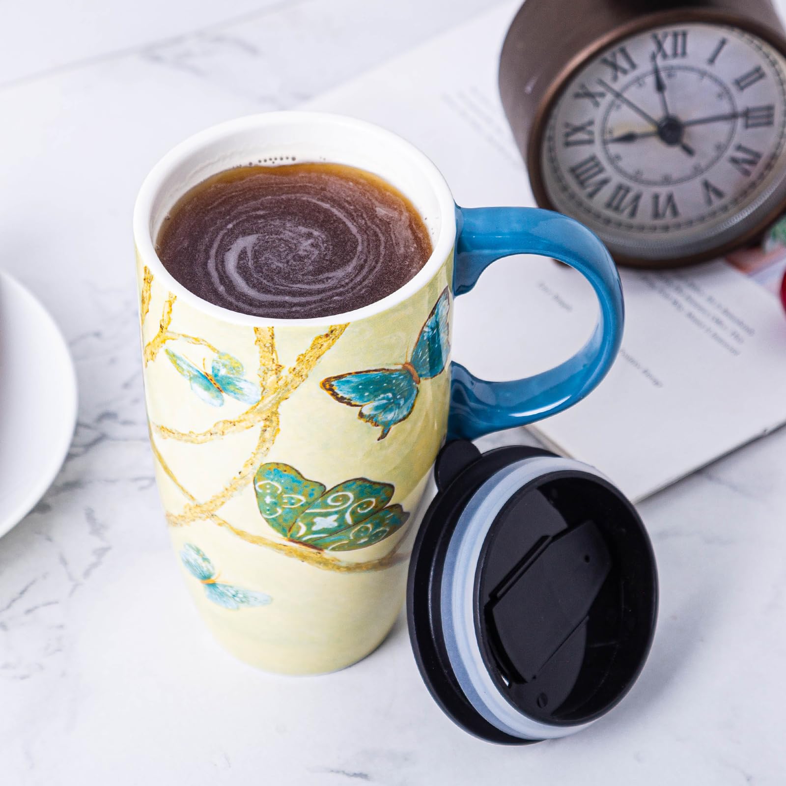 Topadorn Coffee Ceramic Mug Porcelain Latte Tea Cup With Lid 17Oz.,Blue